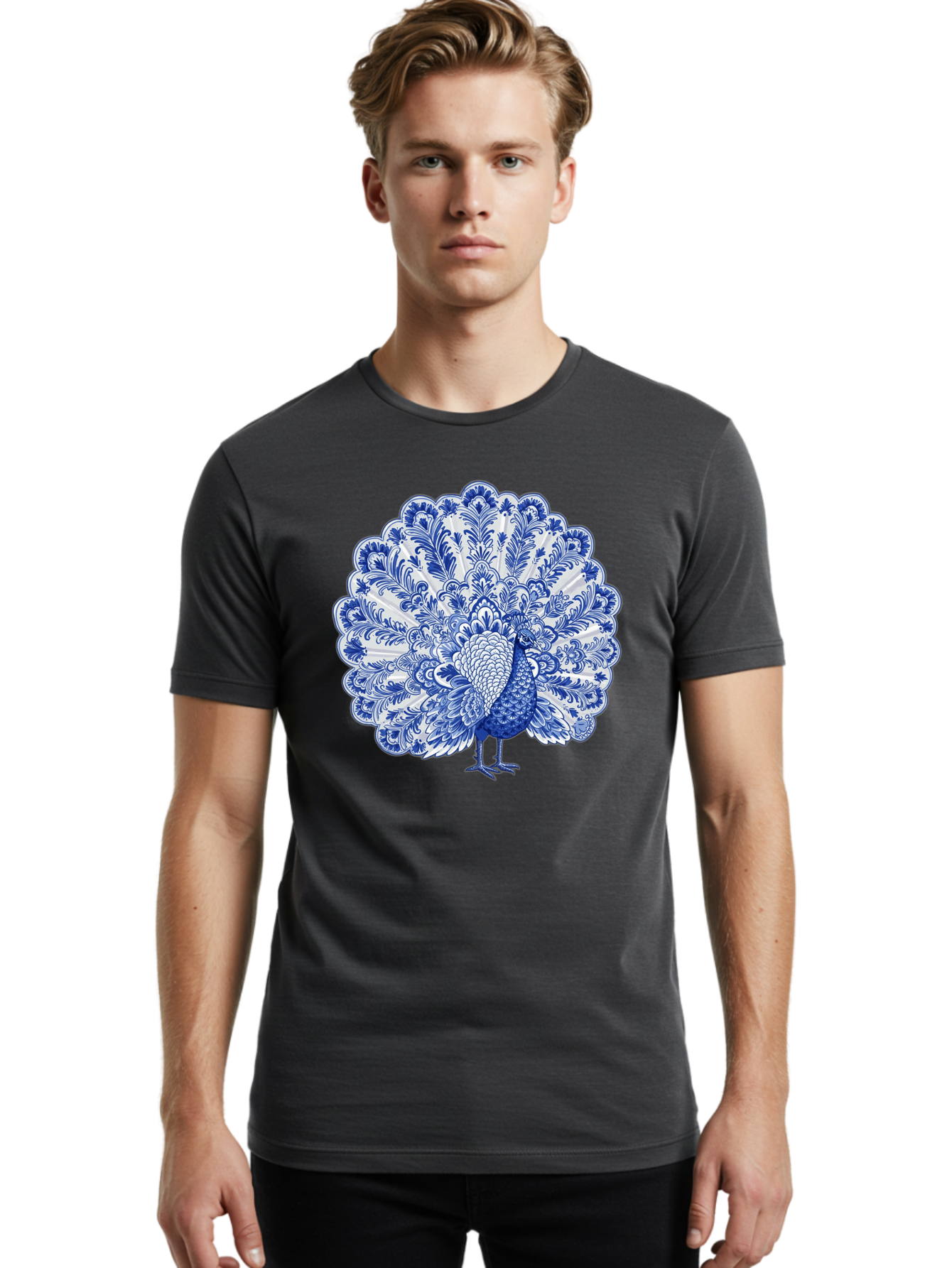 Blue-Peacock Men'S Graphic Tee, 100% Cotton, Comfortable Casual Summer Wear, Machine Washable, Peacock Illustration, Blue And White Design, Floral Pattern, Elegant Bird, Ornate Plumage, Luxurious Texture, Vintage Style, Decorative Art, Baa176