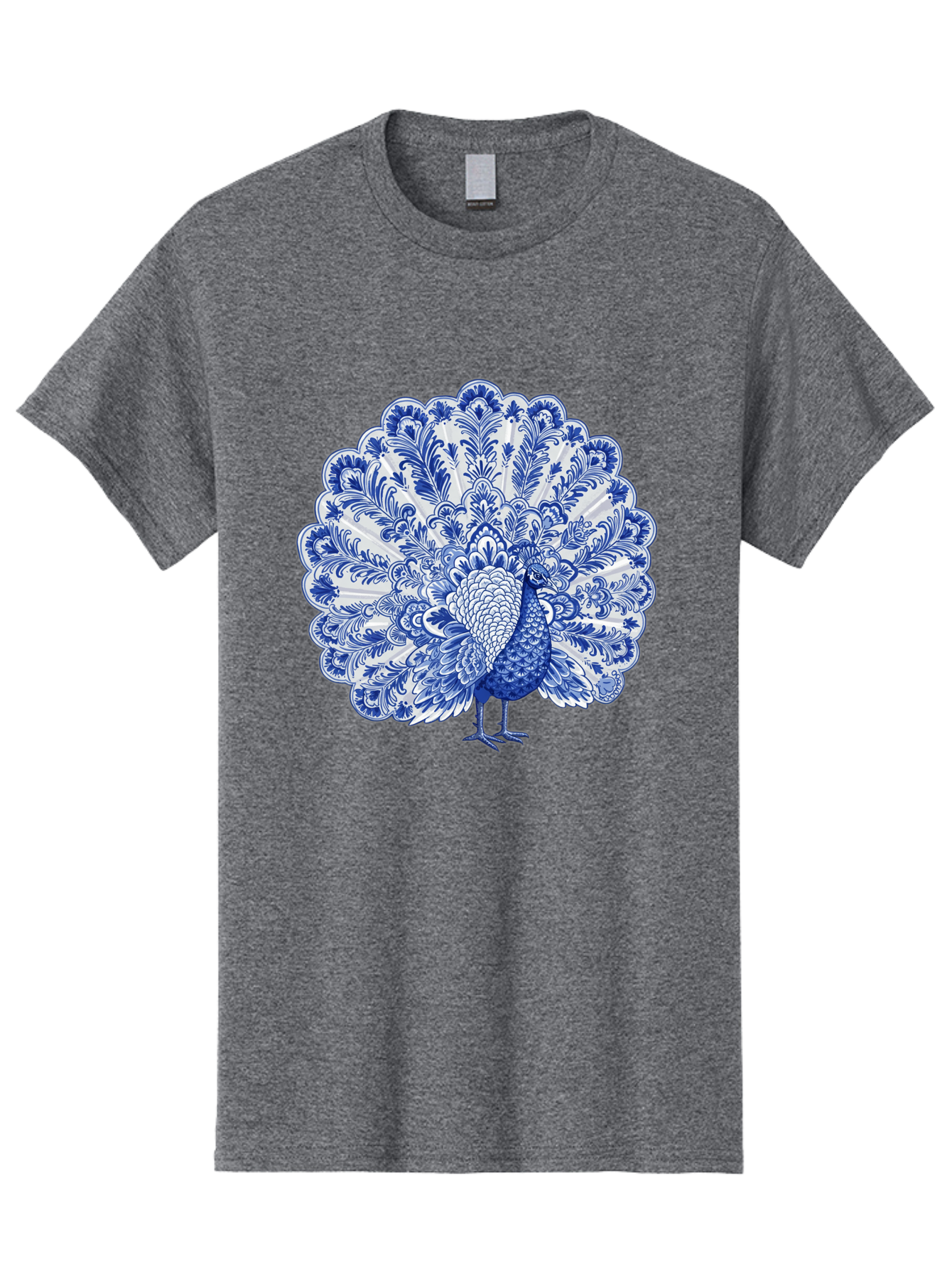 Blue-Peacock Men'S Graphic Tee, 100% Cotton, Comfortable Casual Summer Wear, Machine Washable, Peacock Illustration, Blue And White Design, Floral Pattern, Elegant Bird, Ornate Plumage, Luxurious Texture, Vintage Style, Decorative Art, Baa176