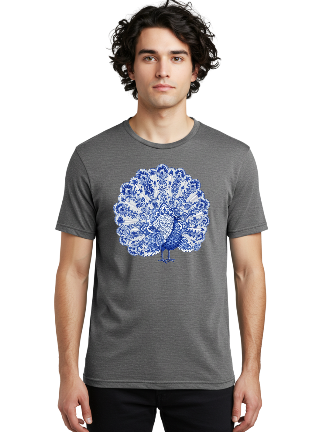 Blue-Peacock Men'S Graphic Tee, 100% Cotton, Comfortable Casual Summer Wear, Machine Washable, Peacock Illustration, Blue And White Design, Floral Pattern, Elegant Bird, Ornate Plumage, Luxurious Texture, Vintage Style, Decorative Art, Baa176