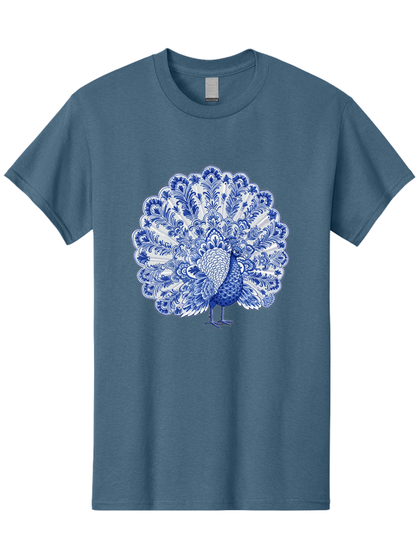 Blue-Peacock Men'S Graphic Tee, 100% Cotton, Comfortable Casual Summer Wear, Machine Washable, Peacock Illustration, Blue And White Design, Floral Pattern, Elegant Bird, Ornate Plumage, Luxurious Texture, Vintage Style, Decorative Art, Baa176