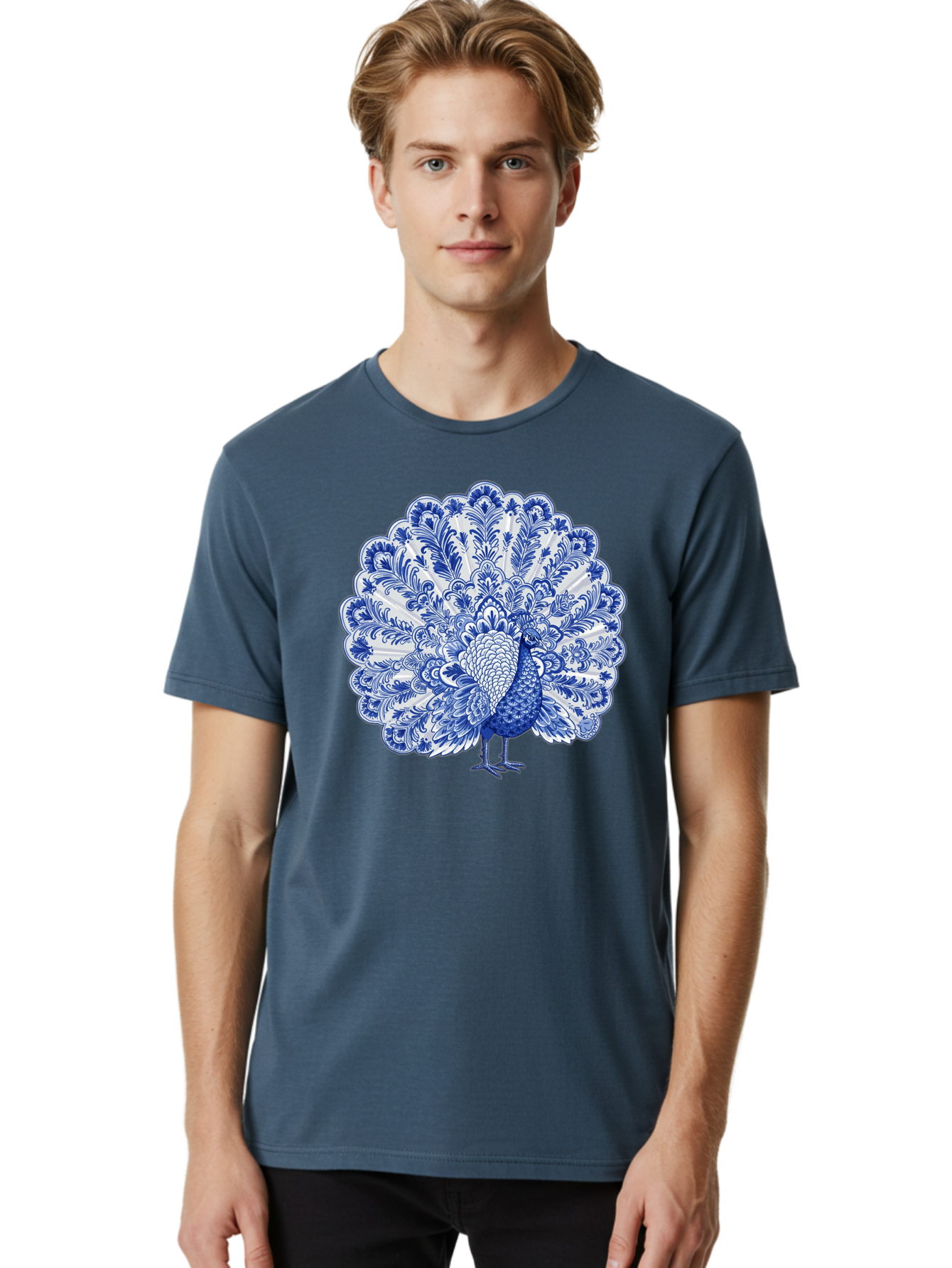 Blue-Peacock Men'S Graphic Tee, 100% Cotton, Comfortable Casual Summer Wear, Machine Washable, Peacock Illustration, Blue And White Design, Floral Pattern, Elegant Bird, Ornate Plumage, Luxurious Texture, Vintage Style, Decorative Art, Baa176