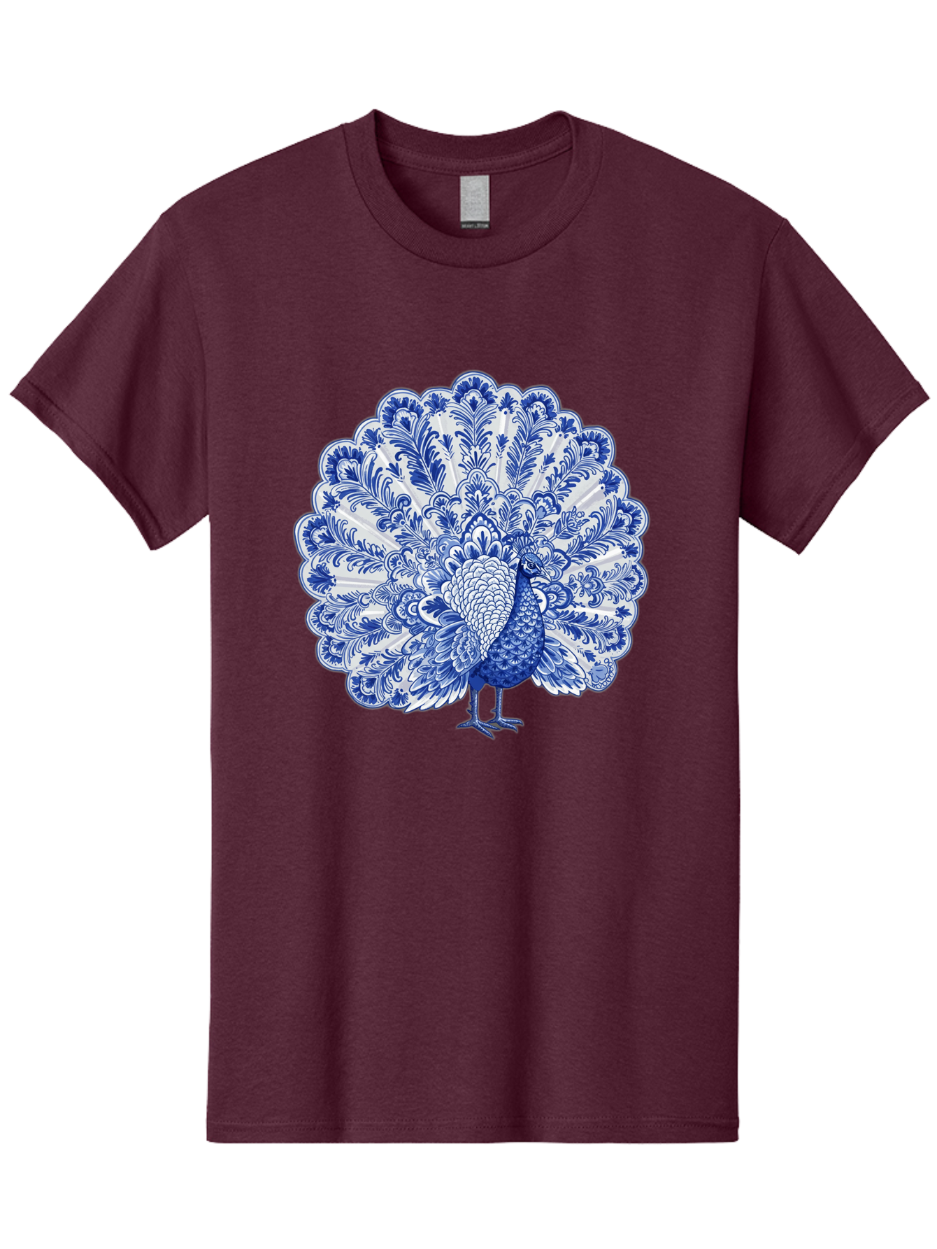 Blue-Peacock Men'S Graphic Tee, 100% Cotton, Comfortable Casual Summer Wear, Machine Washable, Peacock Illustration, Blue And White Design, Floral Pattern, Elegant Bird, Ornate Plumage, Luxurious Texture, Vintage Style, Decorative Art, Baa176