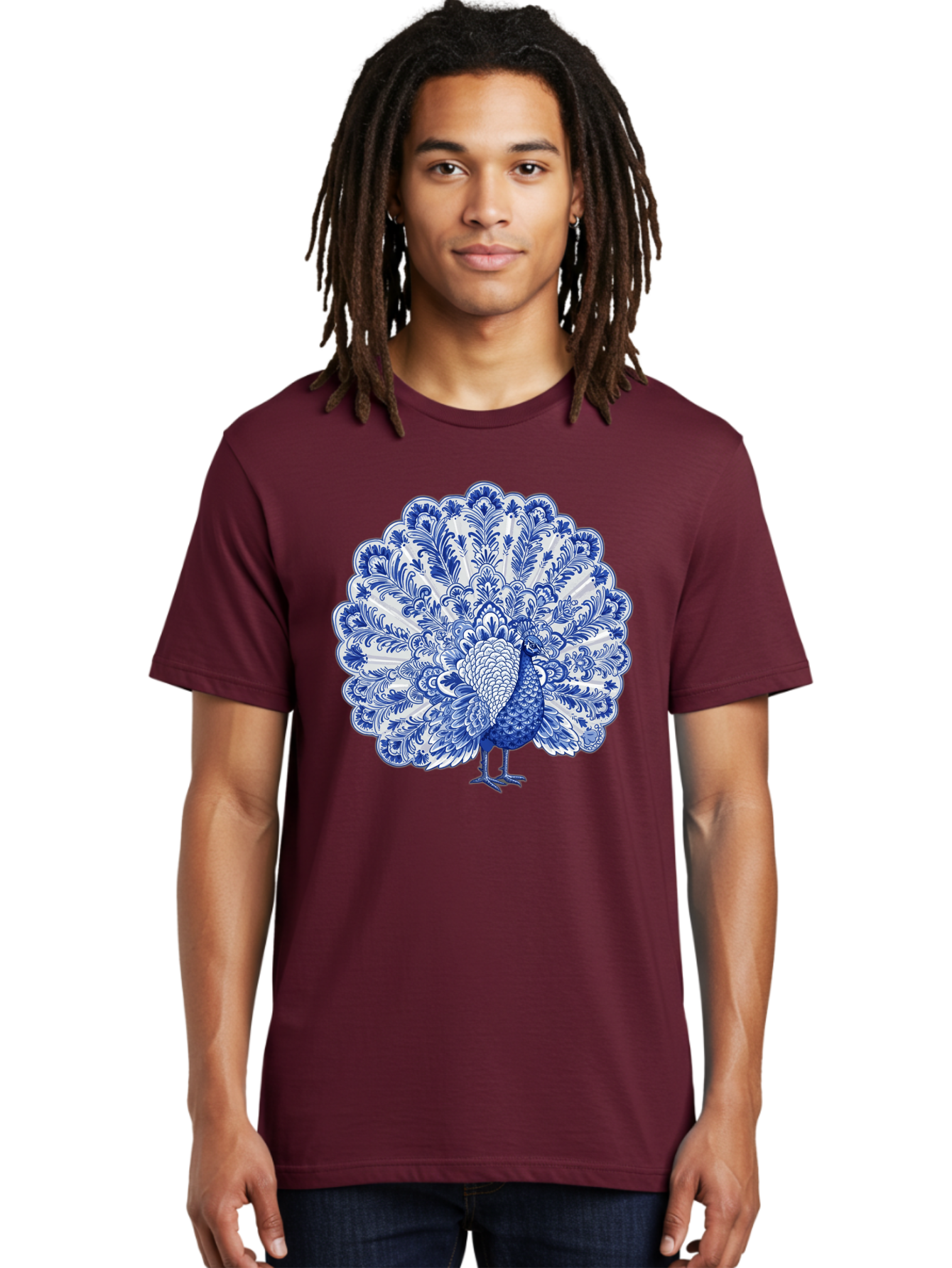 Blue-Peacock Men'S Graphic Tee, 100% Cotton, Comfortable Casual Summer Wear, Machine Washable, Peacock Illustration, Blue And White Design, Floral Pattern, Elegant Bird, Ornate Plumage, Luxurious Texture, Vintage Style, Decorative Art, Baa176