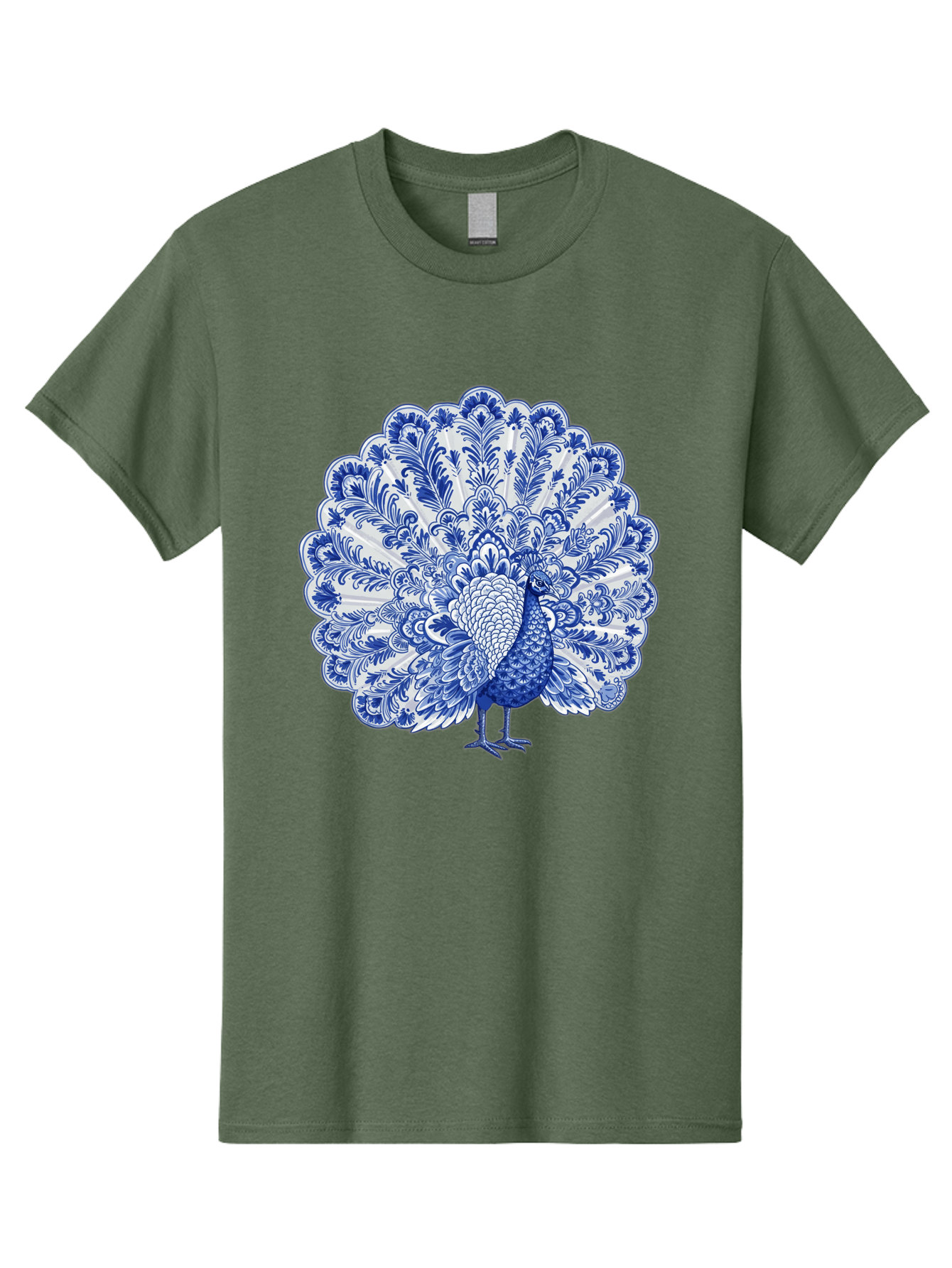 Blue-Peacock Men'S Graphic Tee, 100% Cotton, Comfortable Casual Summer Wear, Machine Washable, Peacock Illustration, Blue And White Design, Floral Pattern, Elegant Bird, Ornate Plumage, Luxurious Texture, Vintage Style, Decorative Art, Baa176