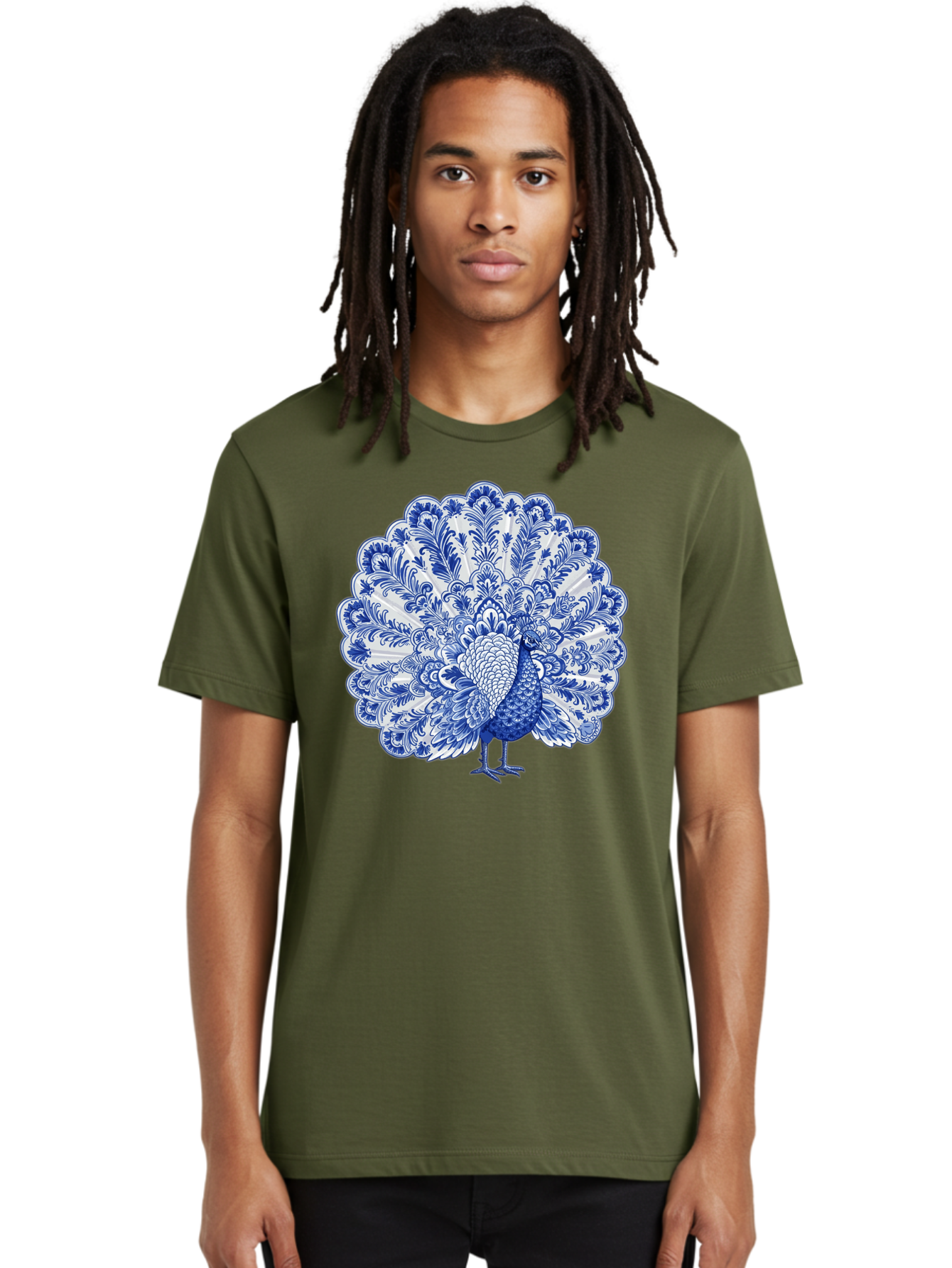 Blue-Peacock Men'S Graphic Tee, 100% Cotton, Comfortable Casual Summer Wear, Machine Washable, Peacock Illustration, Blue And White Design, Floral Pattern, Elegant Bird, Ornate Plumage, Luxurious Texture, Vintage Style, Decorative Art, Baa176