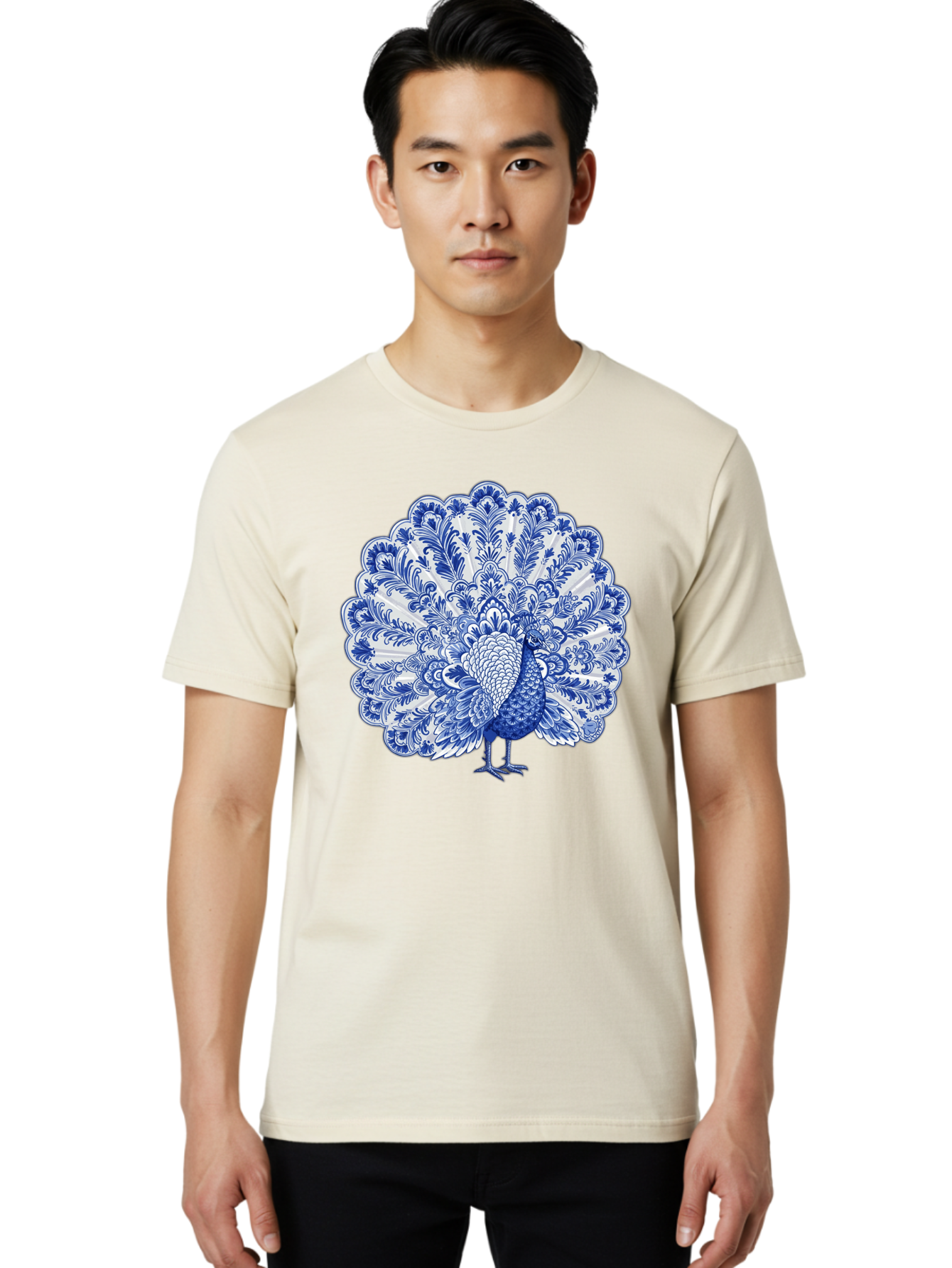 Blue-Peacock Men'S Graphic Tee, 100% Cotton, Comfortable Casual Summer Wear, Machine Washable, Peacock Illustration, Blue And White Design, Floral Pattern, Elegant Bird, Ornate Plumage, Luxurious Texture, Vintage Style, Decorative Art, Baa176
