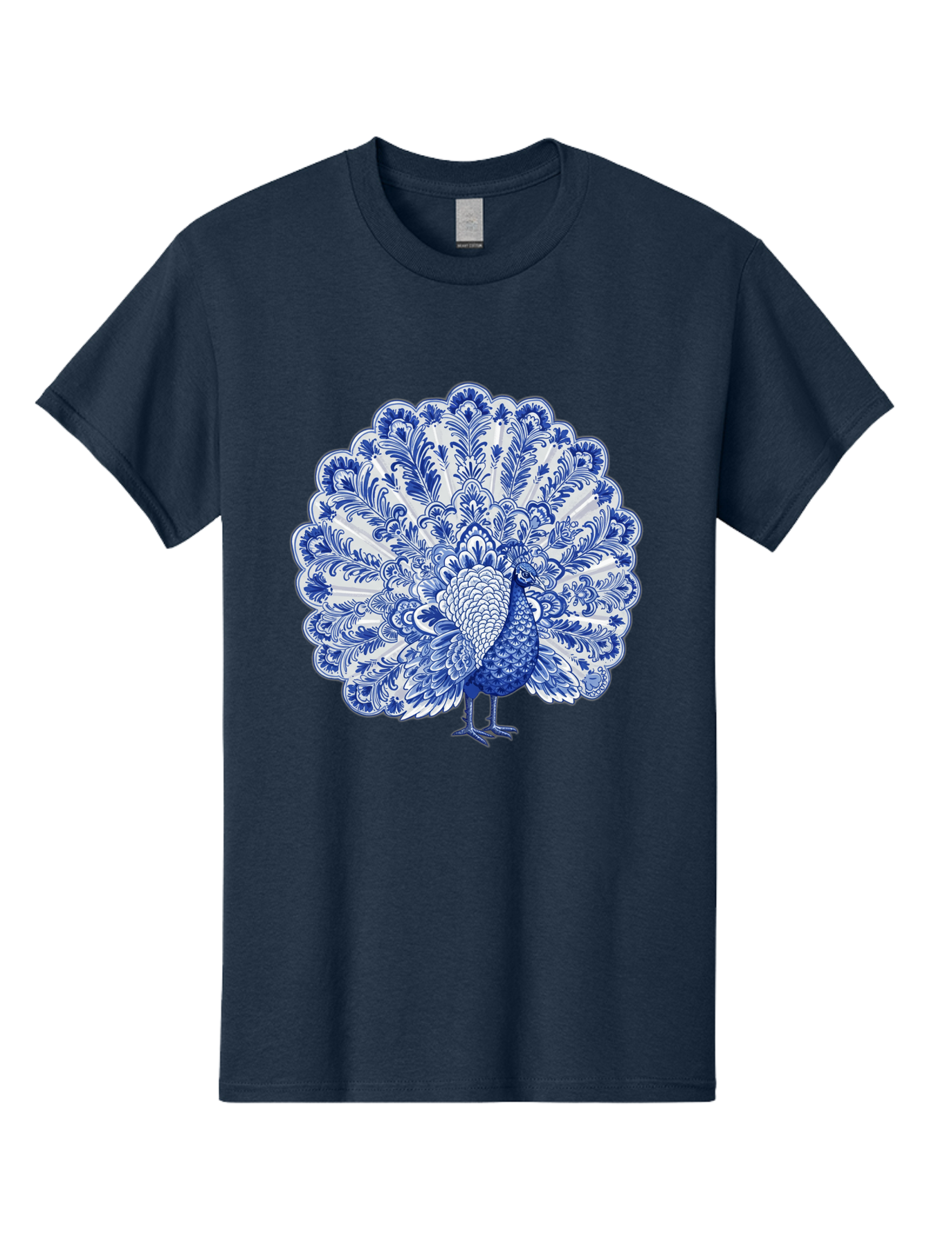 Blue-Peacock Men'S Graphic Tee, 100% Cotton, Comfortable Casual Summer Wear, Machine Washable, Peacock Illustration, Blue And White Design, Floral Pattern, Elegant Bird, Ornate Plumage, Luxurious Texture, Vintage Style, Decorative Art, Baa176