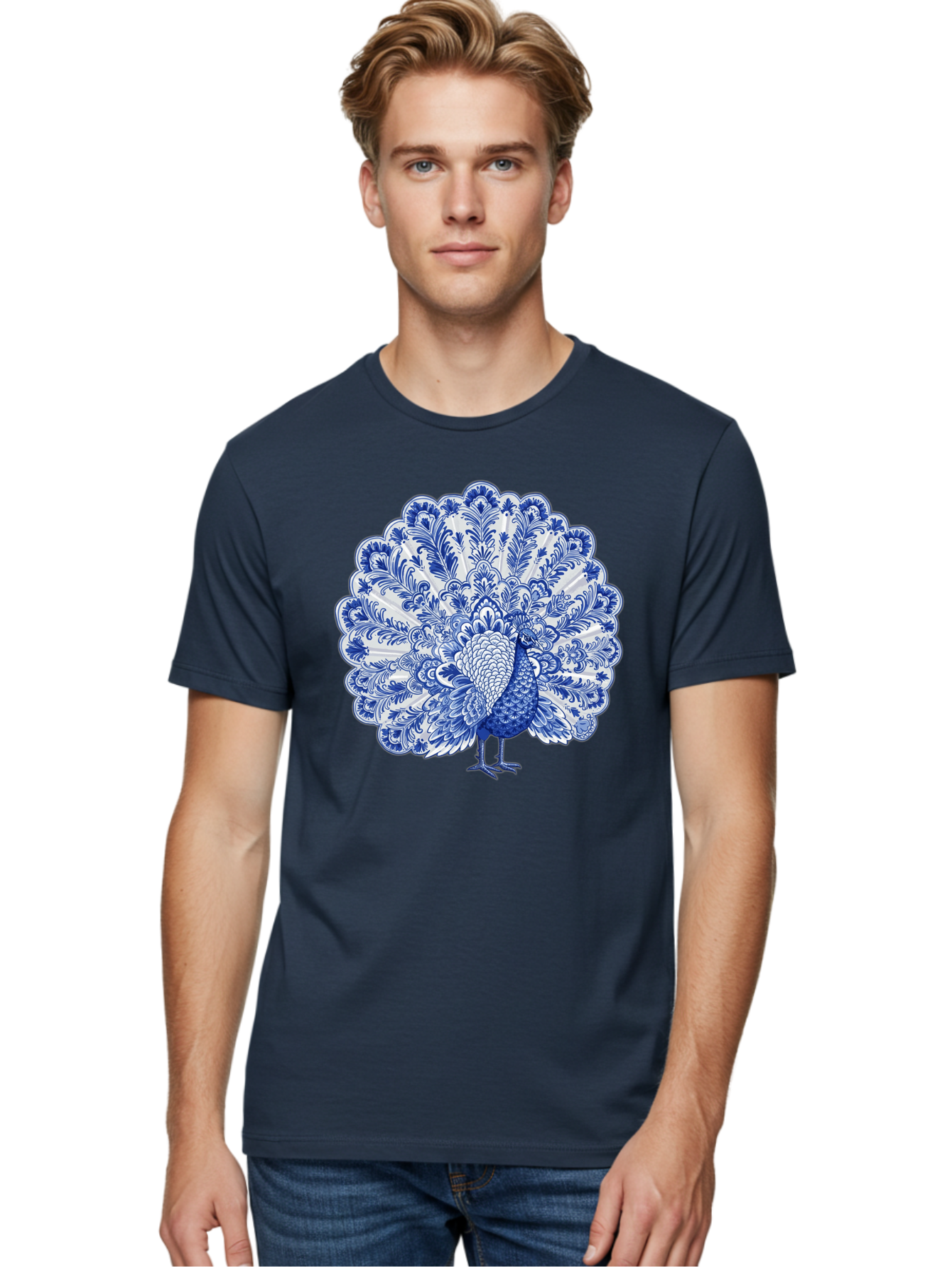 Blue-Peacock Men'S Graphic Tee, 100% Cotton, Comfortable Casual Summer Wear, Machine Washable, Peacock Illustration, Blue And White Design, Floral Pattern, Elegant Bird, Ornate Plumage, Luxurious Texture, Vintage Style, Decorative Art, Baa176