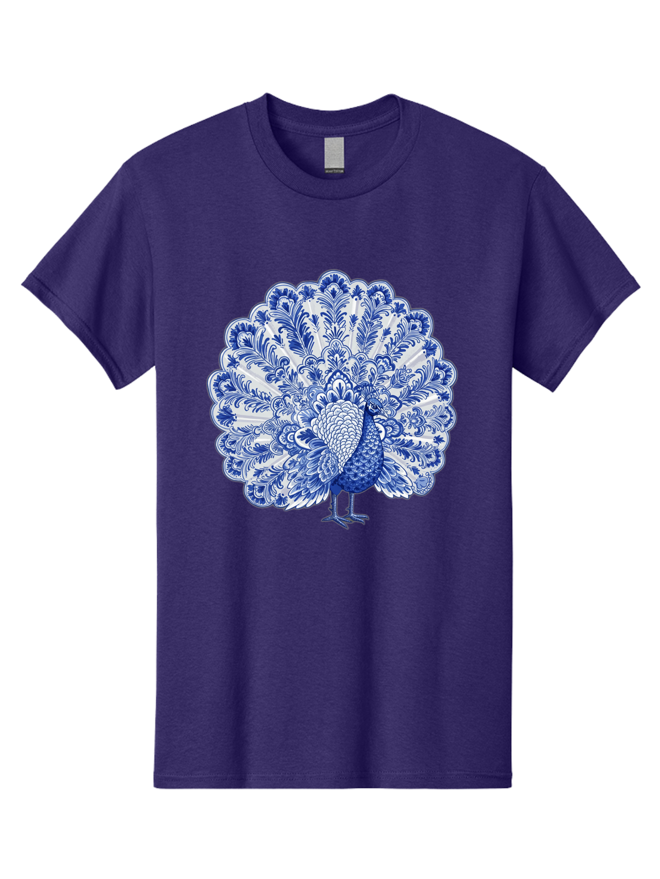 Blue-Peacock Men'S Graphic Tee, 100% Cotton, Comfortable Casual Summer Wear, Machine Washable, Peacock Illustration, Blue And White Design, Floral Pattern, Elegant Bird, Ornate Plumage, Luxurious Texture, Vintage Style, Decorative Art, Baa176