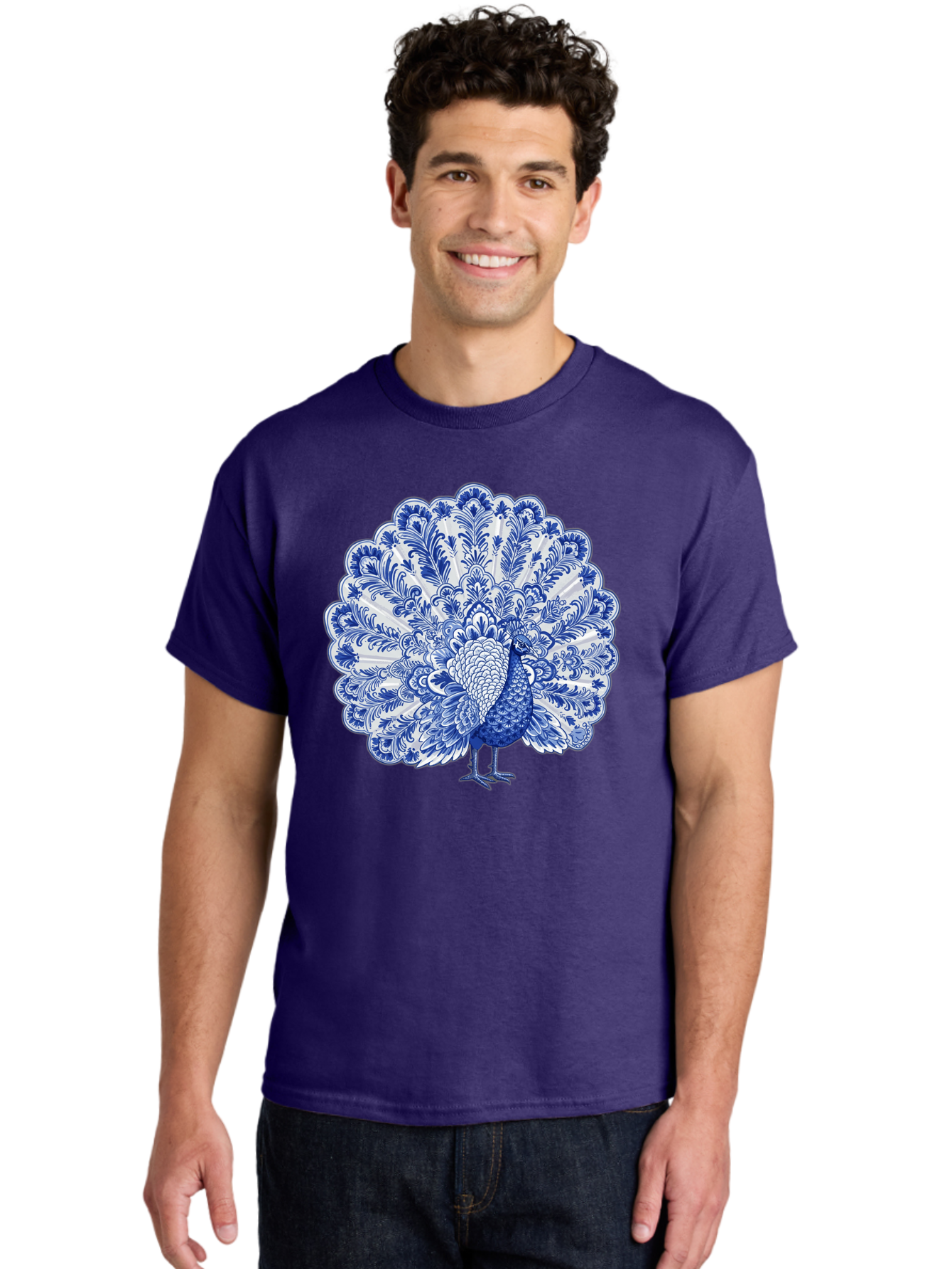 Blue-Peacock Men'S Graphic Tee, 100% Cotton, Comfortable Casual Summer Wear, Machine Washable, Peacock Illustration, Blue And White Design, Floral Pattern, Elegant Bird, Ornate Plumage, Luxurious Texture, Vintage Style, Decorative Art, Baa176
