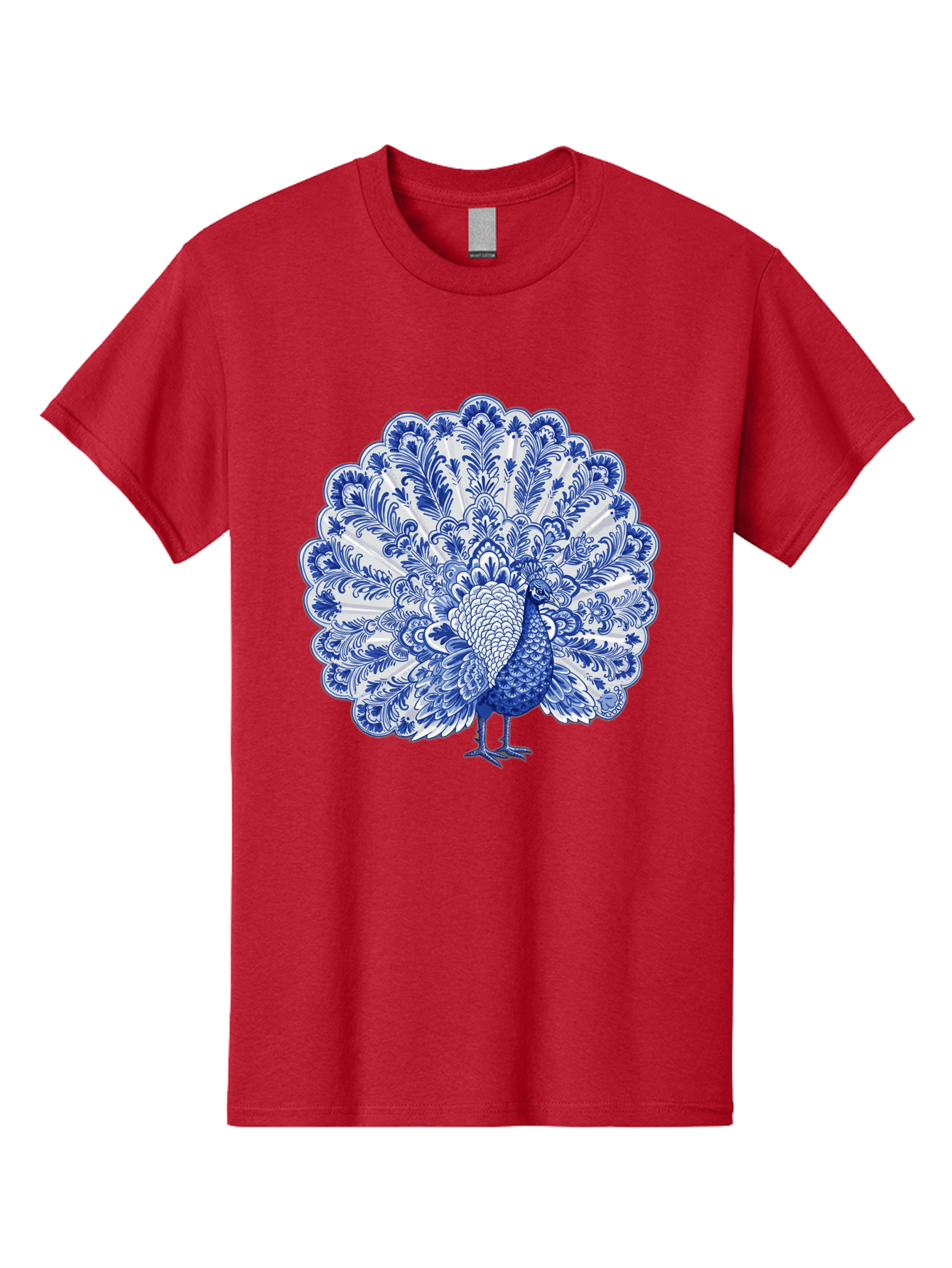 Blue-Peacock Men'S Graphic Tee, 100% Cotton, Comfortable Casual Summer Wear, Machine Washable, Peacock Illustration, Blue And White Design, Floral Pattern, Elegant Bird, Ornate Plumage, Luxurious Texture, Vintage Style, Decorative Art, Baa176