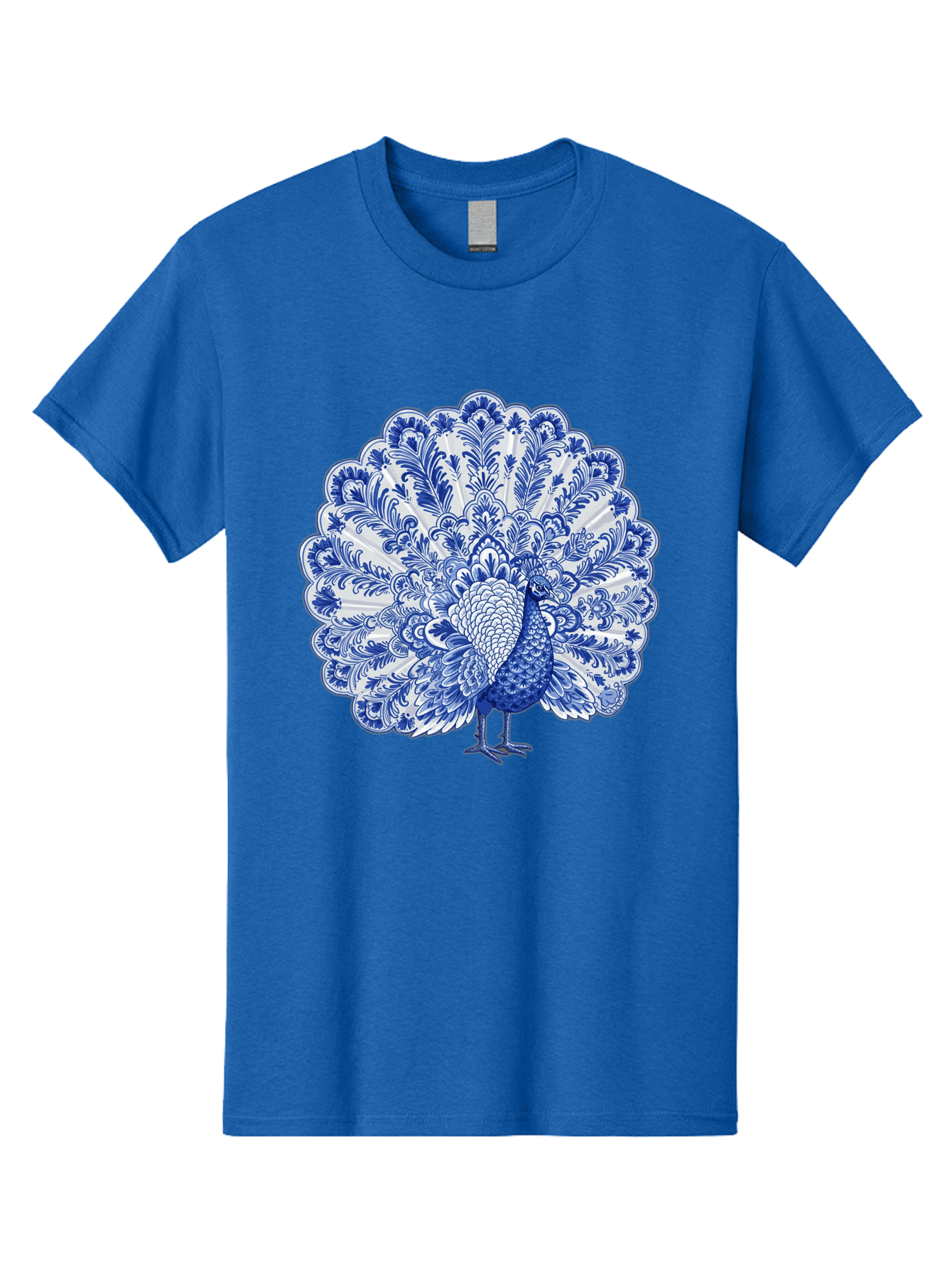 Blue-Peacock Men'S Graphic Tee, 100% Cotton, Comfortable Casual Summer Wear, Machine Washable, Peacock Illustration, Blue And White Design, Floral Pattern, Elegant Bird, Ornate Plumage, Luxurious Texture, Vintage Style, Decorative Art, Baa176