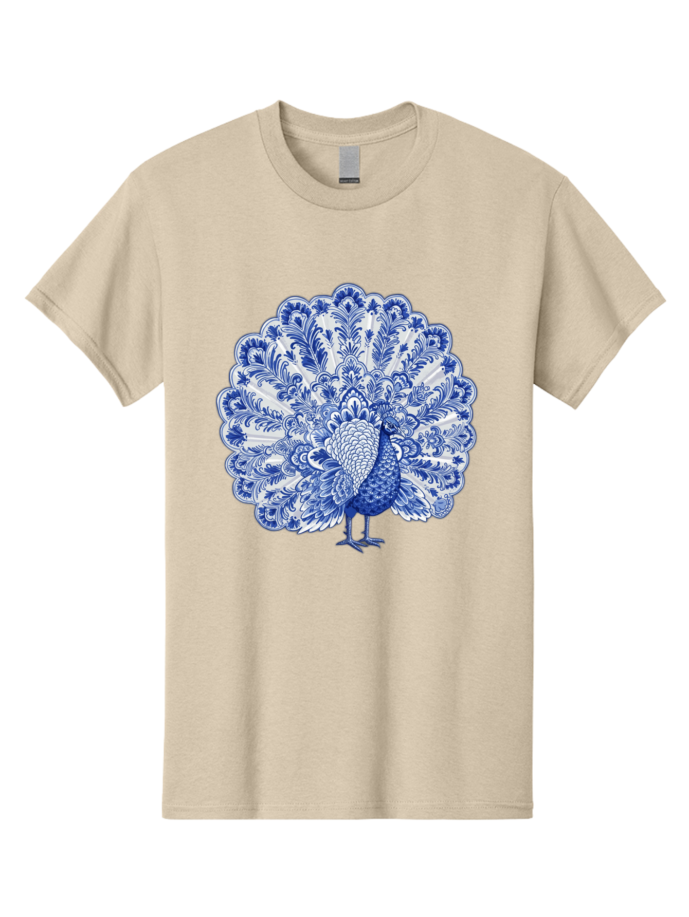 Blue-Peacock Men'S Graphic Tee, 100% Cotton, Comfortable Casual Summer Wear, Machine Washable, Peacock Illustration, Blue And White Design, Floral Pattern, Elegant Bird, Ornate Plumage, Luxurious Texture, Vintage Style, Decorative Art, Baa176
