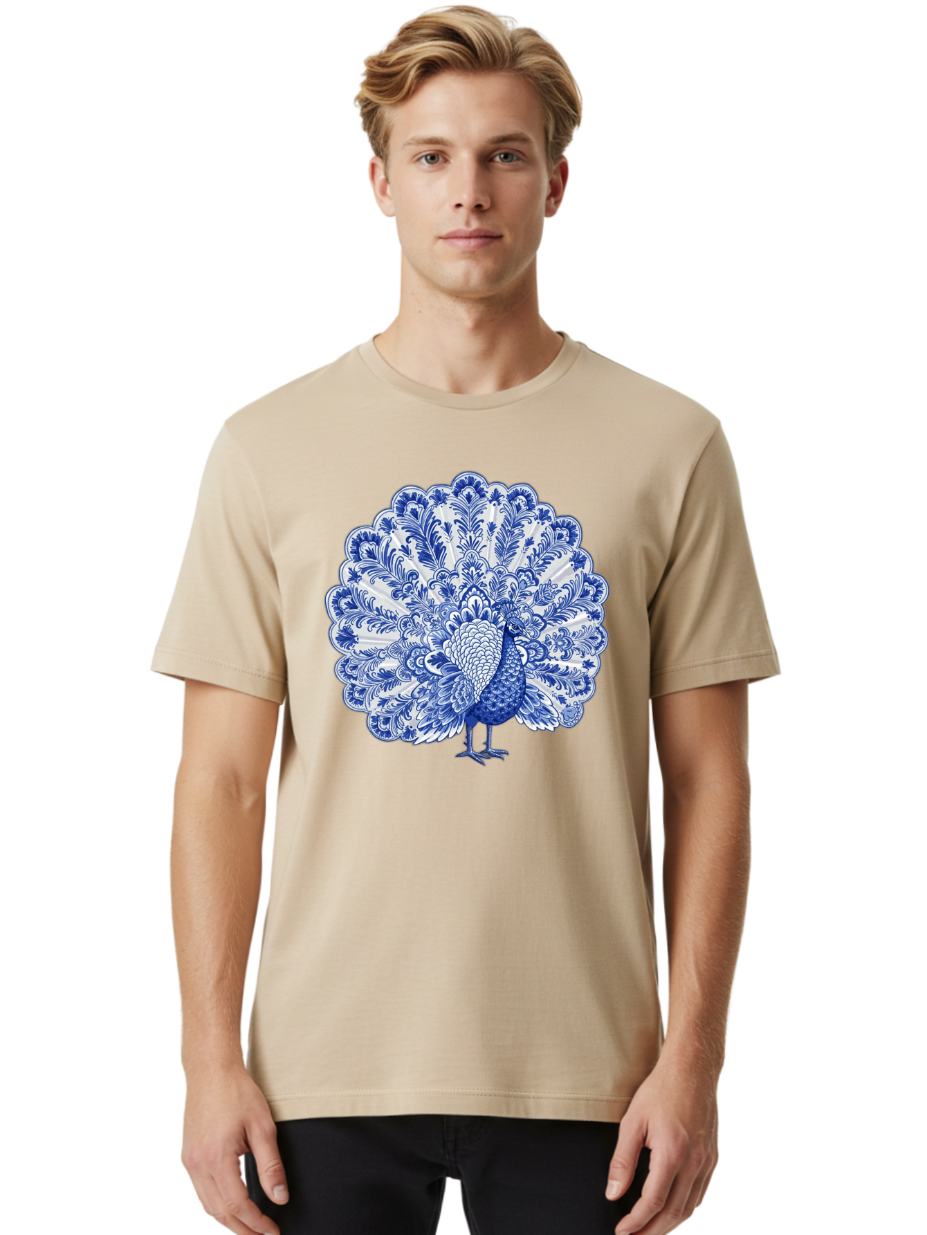 Blue-Peacock Men'S Graphic Tee, 100% Cotton, Comfortable Casual Summer Wear, Machine Washable, Peacock Illustration, Blue And White Design, Floral Pattern, Elegant Bird, Ornate Plumage, Luxurious Texture, Vintage Style, Decorative Art, Baa176