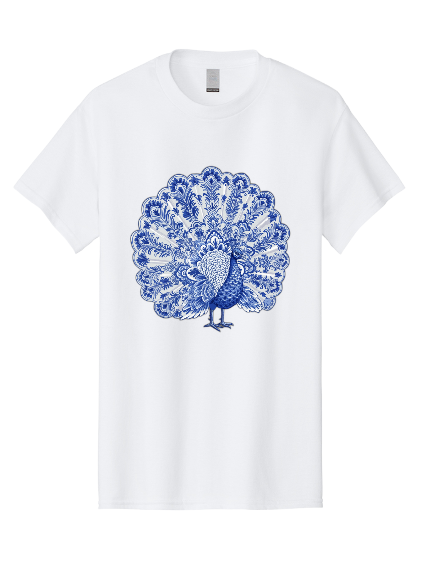 Blue-Peacock Men'S Graphic Tee, 100% Cotton, Comfortable Casual Summer Wear, Machine Washable, Peacock Illustration, Blue And White Design, Floral Pattern, Elegant Bird, Ornate Plumage, Luxurious Texture, Vintage Style, Decorative Art, Baa176