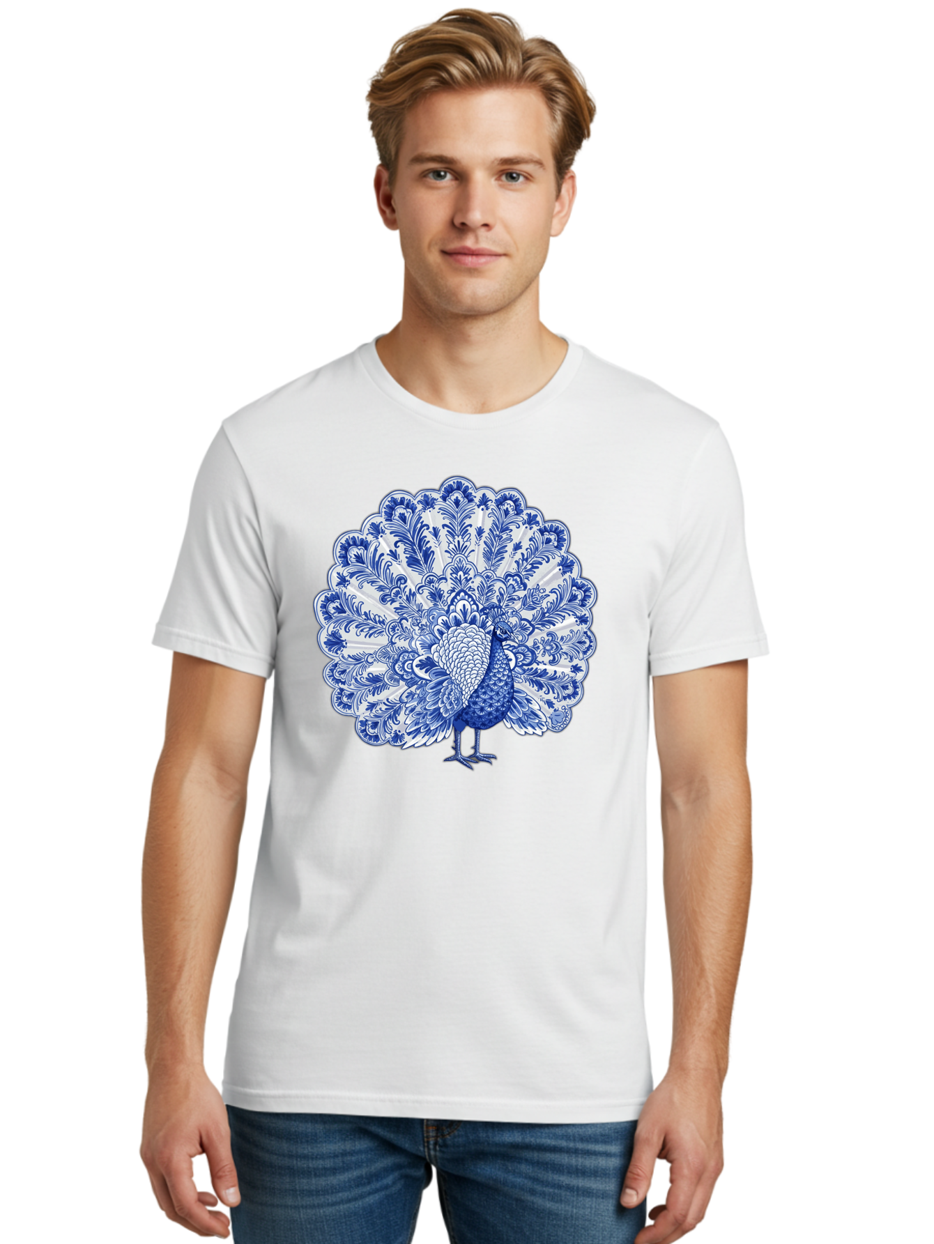 Blue-Peacock Men'S Graphic Tee, 100% Cotton, Comfortable Casual Summer Wear, Machine Washable, Peacock Illustration, Blue And White Design, Floral Pattern, Elegant Bird, Ornate Plumage, Luxurious Texture, Vintage Style, Decorative Art, Baa176