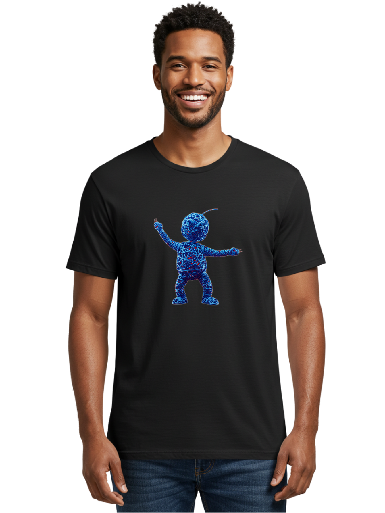 Blue-Wire-Figure Men'S Graphic Tee, 100% Cotton, Comfortable Casual Summer Wear, Machine Washable, Wire Twisted Figure, Abstract Character, Avant-Garde Art, Surreal Sculpture, Contemporary Design, Artistic Expression, Modern Art, Blue Wire, Baa177