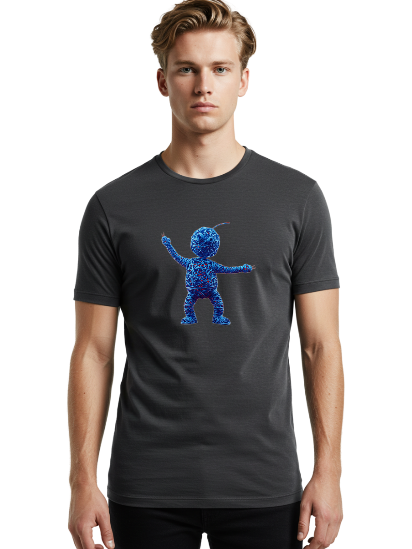 Blue-Wire-Figure Men'S Graphic Tee, 100% Cotton, Comfortable Casual Summer Wear, Machine Washable, Wire Twisted Figure, Abstract Character, Avant-Garde Art, Surreal Sculpture, Contemporary Design, Artistic Expression, Modern Art, Blue Wire, Baa177