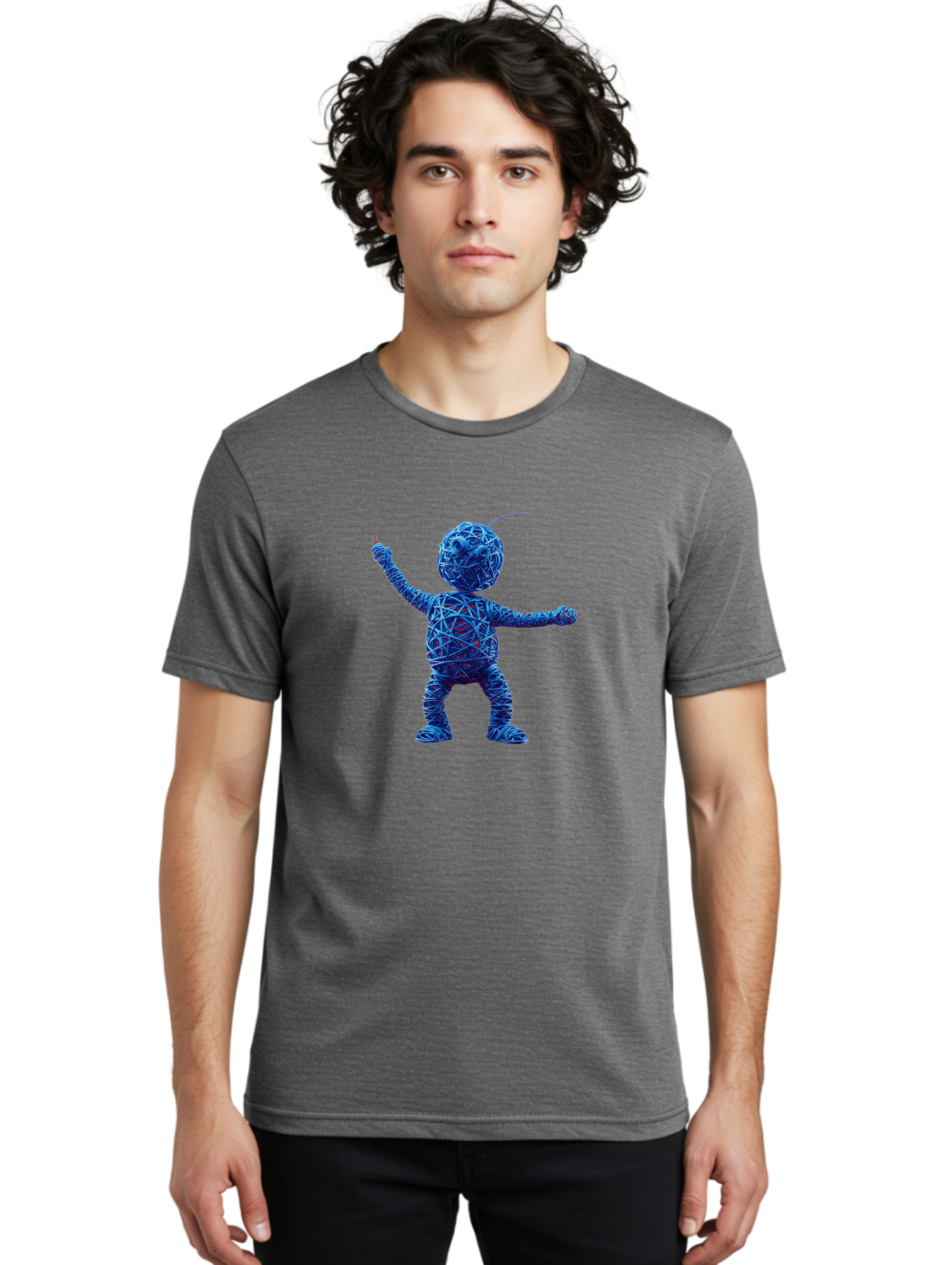 Blue-Wire-Figure Men'S Graphic Tee, 100% Cotton, Comfortable Casual Summer Wear, Machine Washable, Wire Twisted Figure, Abstract Character, Avant-Garde Art, Surreal Sculpture, Contemporary Design, Artistic Expression, Modern Art, Blue Wire, Baa177