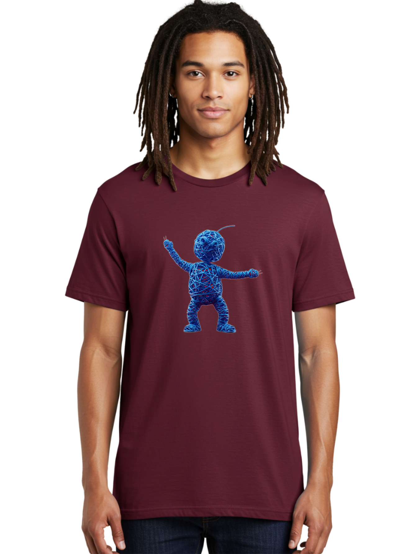 Blue-Wire-Figure Men'S Graphic Tee, 100% Cotton, Comfortable Casual Summer Wear, Machine Washable, Wire Twisted Figure, Abstract Character, Avant-Garde Art, Surreal Sculpture, Contemporary Design, Artistic Expression, Modern Art, Blue Wire, Baa177