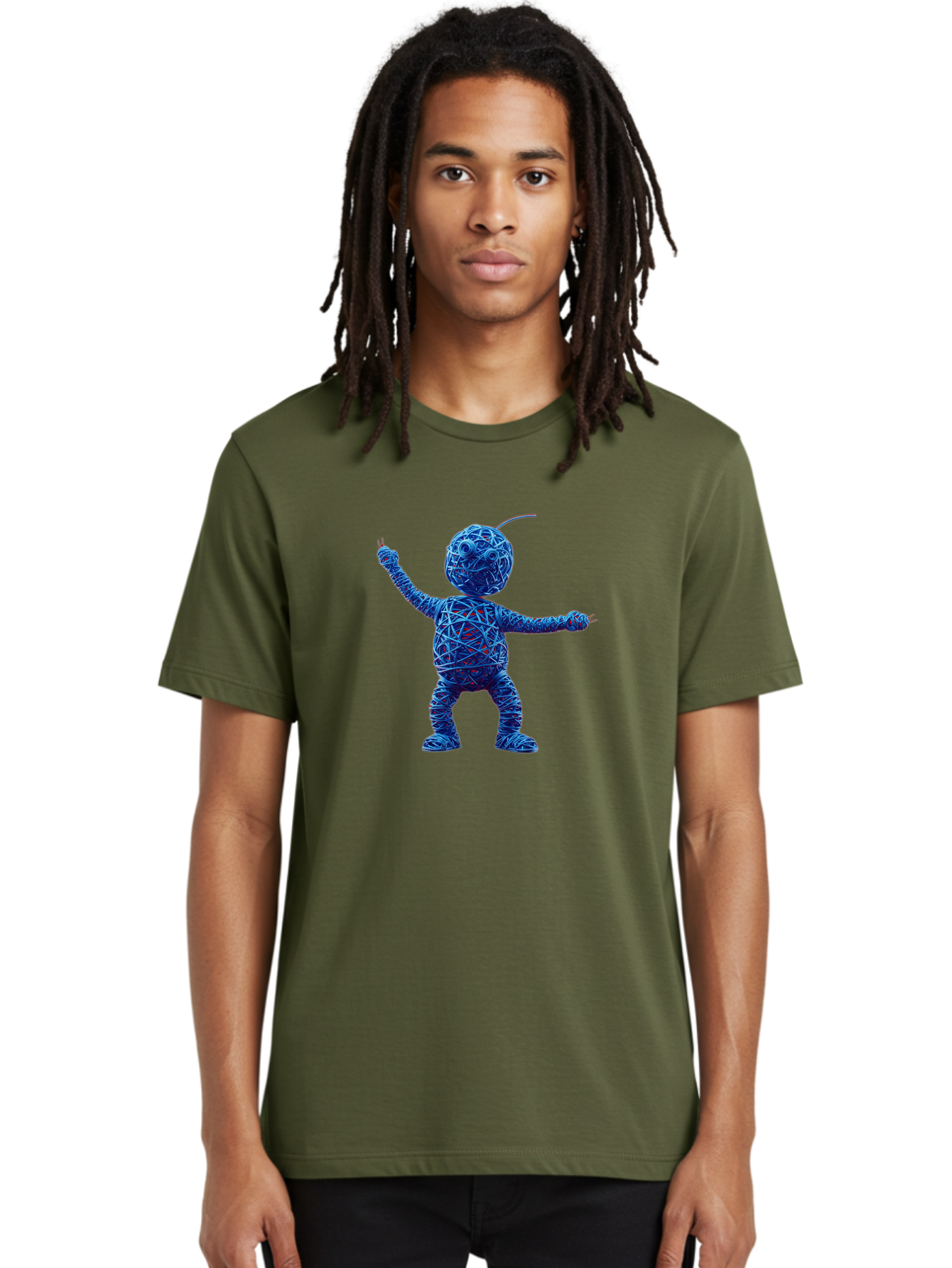 Blue-Wire-Figure Men'S Graphic Tee, 100% Cotton, Comfortable Casual Summer Wear, Machine Washable, Wire Twisted Figure, Abstract Character, Avant-Garde Art, Surreal Sculpture, Contemporary Design, Artistic Expression, Modern Art, Blue Wire, Baa177