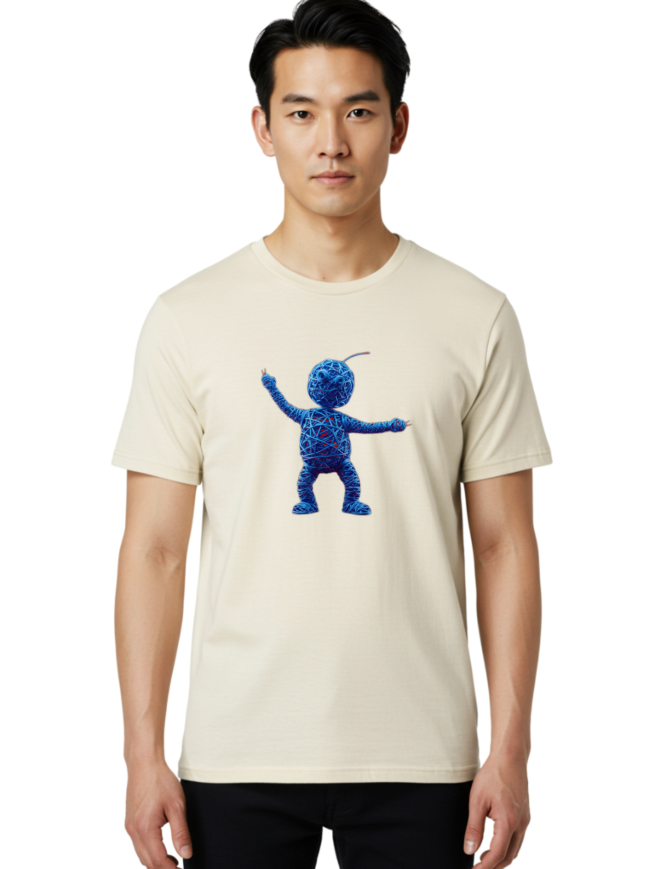 Blue-Wire-Figure Men'S Graphic Tee, 100% Cotton, Comfortable Casual Summer Wear, Machine Washable, Wire Twisted Figure, Abstract Character, Avant-Garde Art, Surreal Sculpture, Contemporary Design, Artistic Expression, Modern Art, Blue Wire, Baa177