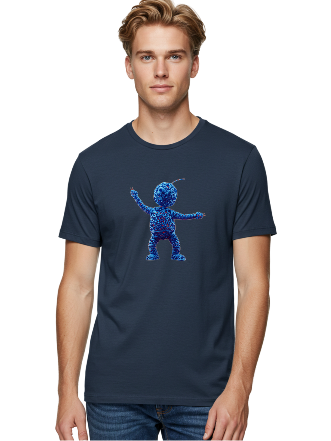 Blue-Wire-Figure Men'S Graphic Tee, 100% Cotton, Comfortable Casual Summer Wear, Machine Washable, Wire Twisted Figure, Abstract Character, Avant-Garde Art, Surreal Sculpture, Contemporary Design, Artistic Expression, Modern Art, Blue Wire, Baa177