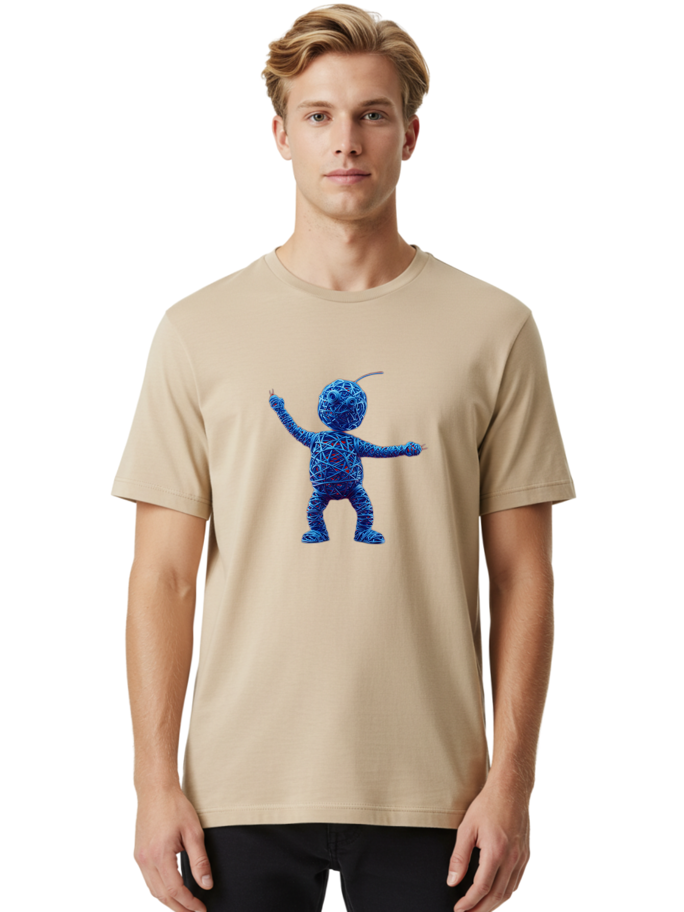 Blue-Wire-Figure Men'S Graphic Tee, 100% Cotton, Comfortable Casual Summer Wear, Machine Washable, Wire Twisted Figure, Abstract Character, Avant-Garde Art, Surreal Sculpture, Contemporary Design, Artistic Expression, Modern Art, Blue Wire, Baa177