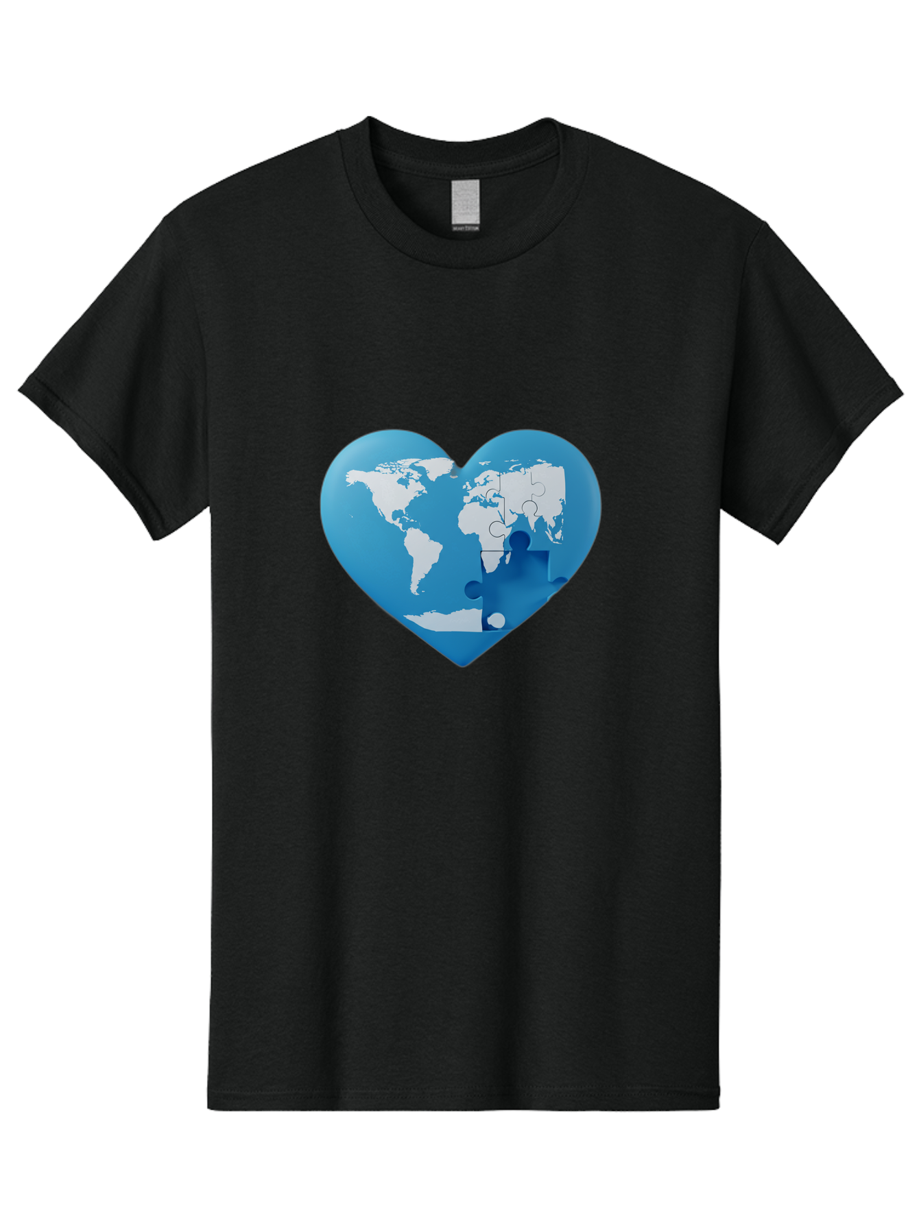 Blue-World-Map-Heart Men'S Graphic Tee, 100% Cotton, Comfortable Casual Summer Wear, Machine Washable, Heart-Shaped World Map, Puzzle Pieces, Global Unity, International Cooperation, Charity Symbol, Love For The World, Interconnectedness, Baa178