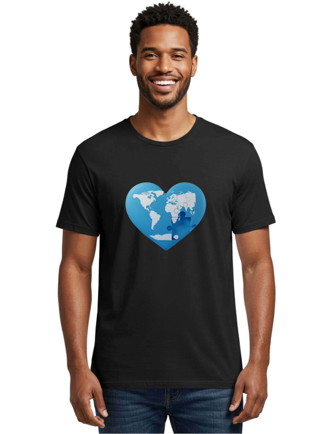Blue-World-Map-Heart Men'S Graphic Tee, 100% Cotton, Comfortable Casual Summer Wear, Machine Washable, Heart-Shaped World Map, Puzzle Pieces, Global Unity, International Cooperation, Charity Symbol, Love For The World, Interconnectedness, Baa178