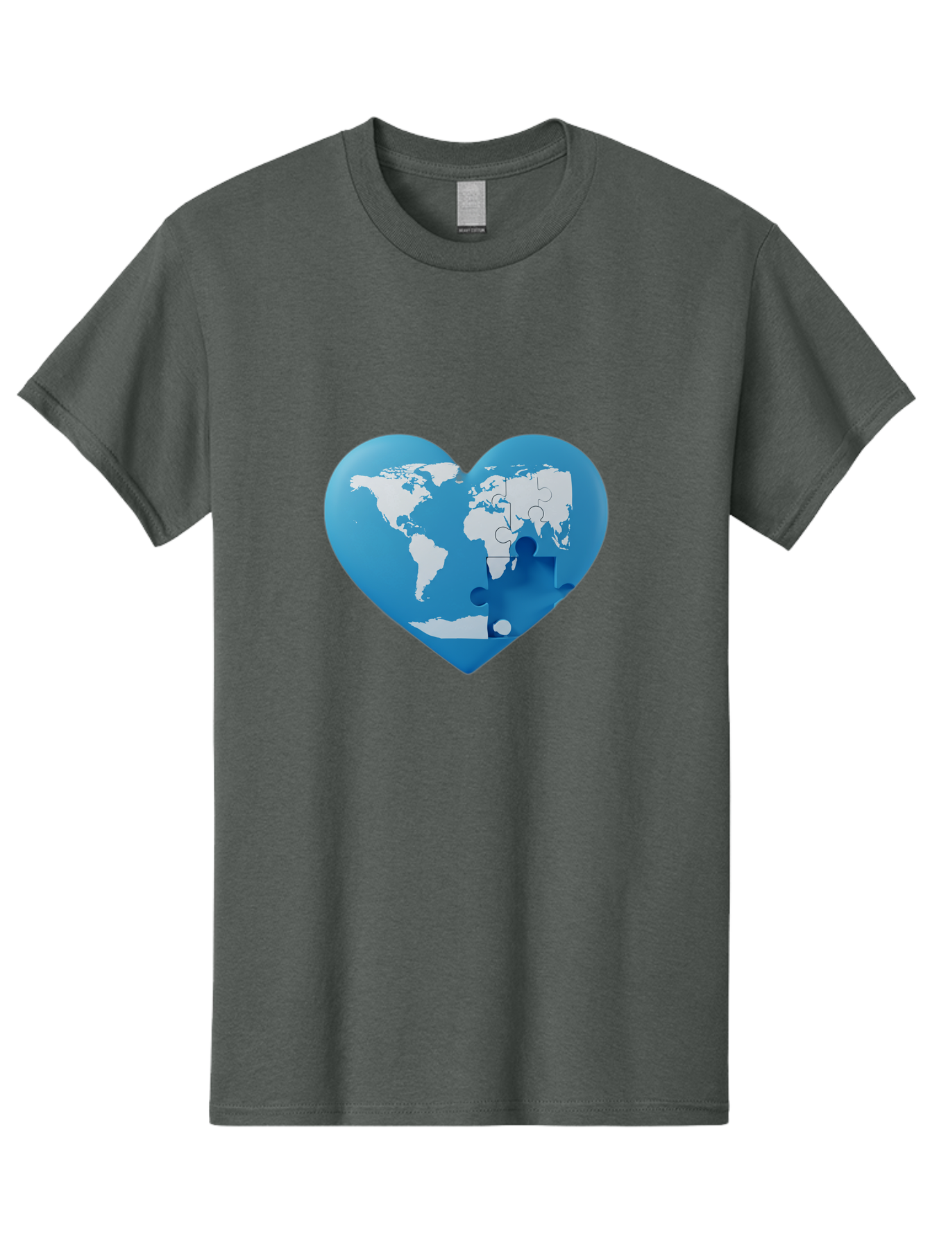 Blue-World-Map-Heart Men'S Graphic Tee, 100% Cotton, Comfortable Casual Summer Wear, Machine Washable, Heart-Shaped World Map, Puzzle Pieces, Global Unity, International Cooperation, Charity Symbol, Love For The World, Interconnectedness, Baa178