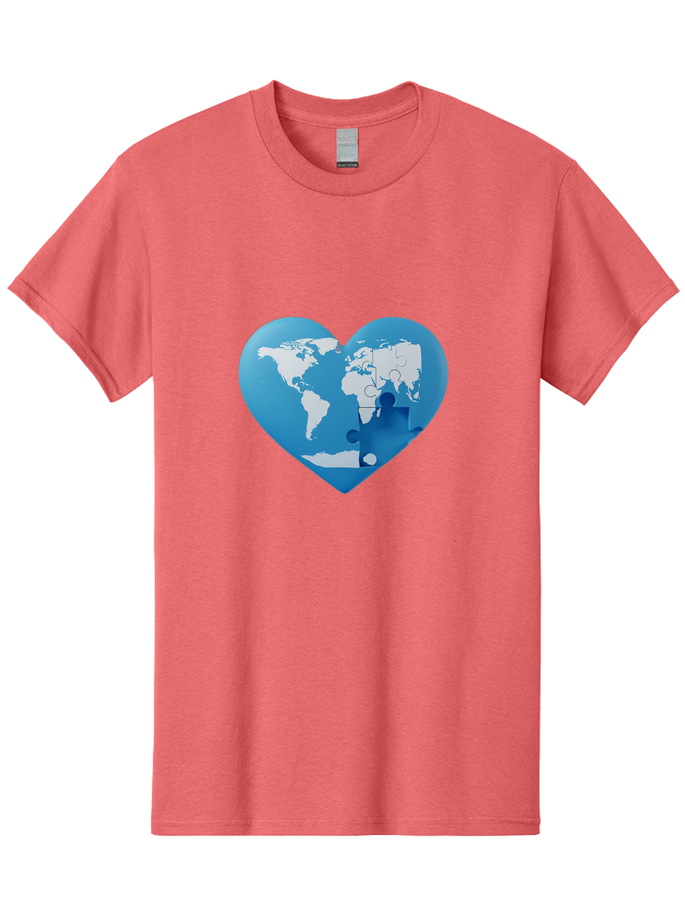 Blue-World-Map-Heart Men'S Graphic Tee, 100% Cotton, Comfortable Casual Summer Wear, Machine Washable, Heart-Shaped World Map, Puzzle Pieces, Global Unity, International Cooperation, Charity Symbol, Love For The World, Interconnectedness, Baa178