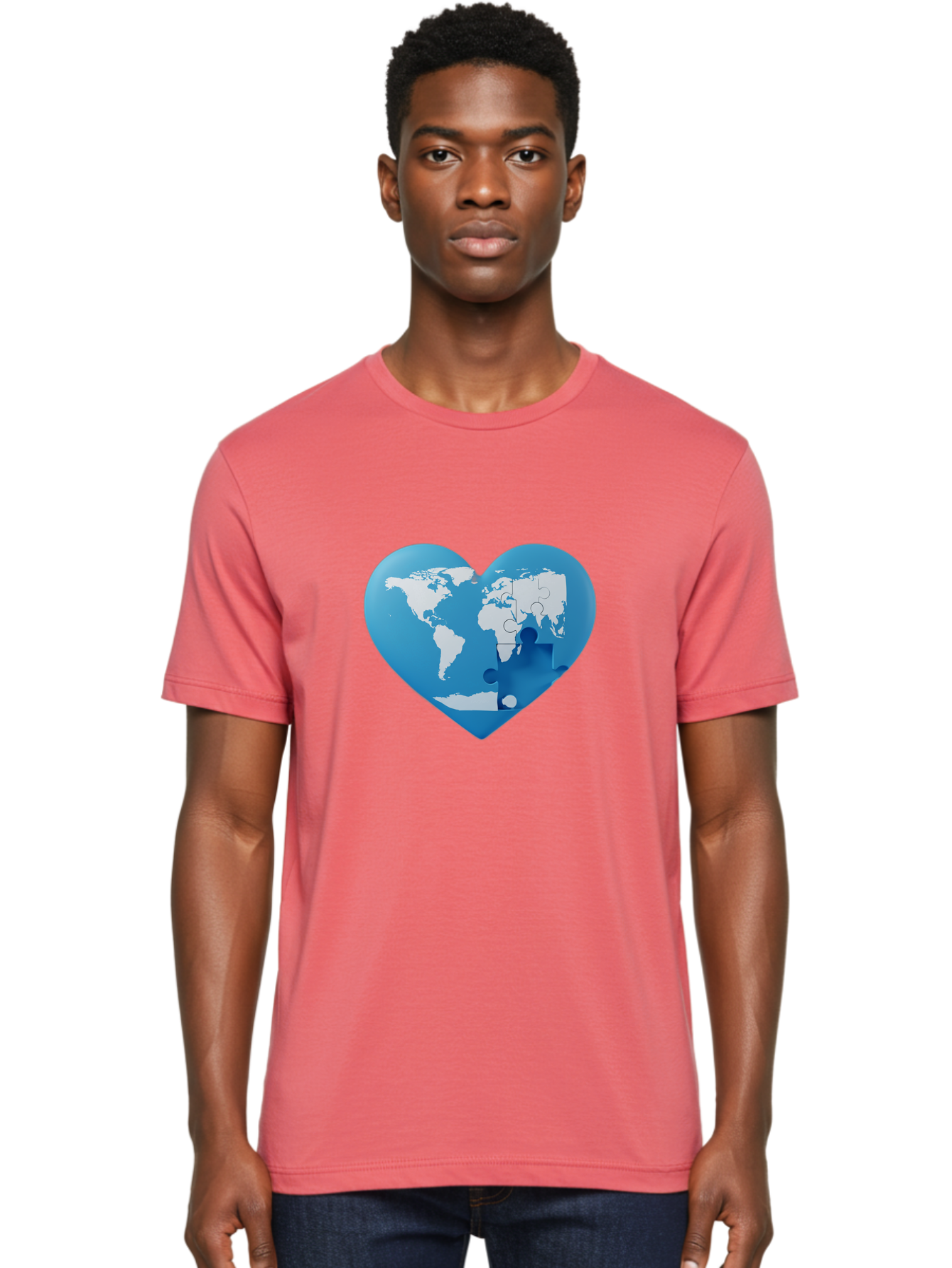 Blue-World-Map-Heart Men'S Graphic Tee, 100% Cotton, Comfortable Casual Summer Wear, Machine Washable, Heart-Shaped World Map, Puzzle Pieces, Global Unity, International Cooperation, Charity Symbol, Love For The World, Interconnectedness, Baa178
