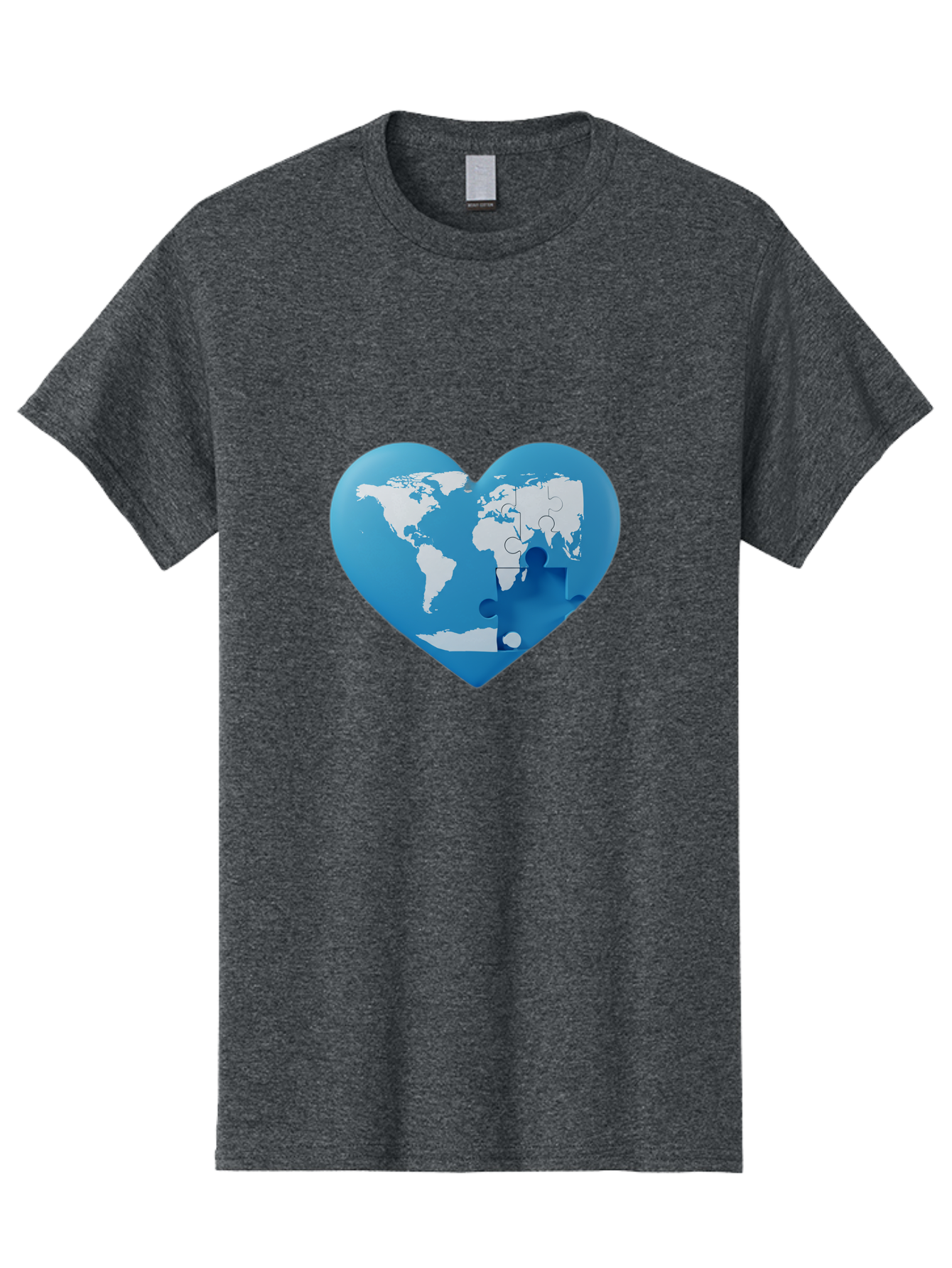 Blue-World-Map-Heart Men'S Graphic Tee, 100% Cotton, Comfortable Casual Summer Wear, Machine Washable, Heart-Shaped World Map, Puzzle Pieces, Global Unity, International Cooperation, Charity Symbol, Love For The World, Interconnectedness, Baa178