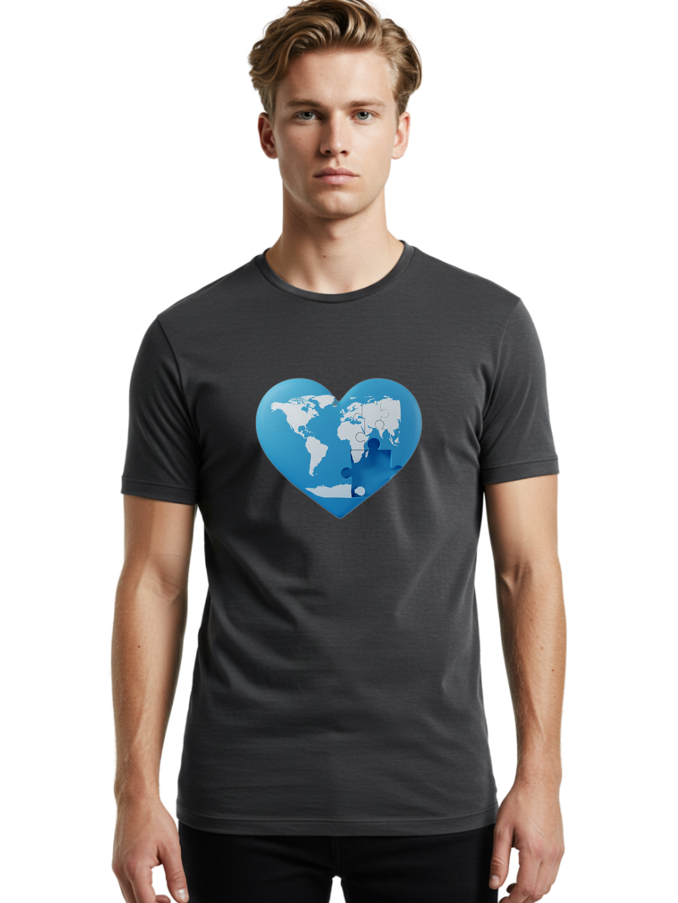 Blue-World-Map-Heart Men'S Graphic Tee, 100% Cotton, Comfortable Casual Summer Wear, Machine Washable, Heart-Shaped World Map, Puzzle Pieces, Global Unity, International Cooperation, Charity Symbol, Love For The World, Interconnectedness, Baa178