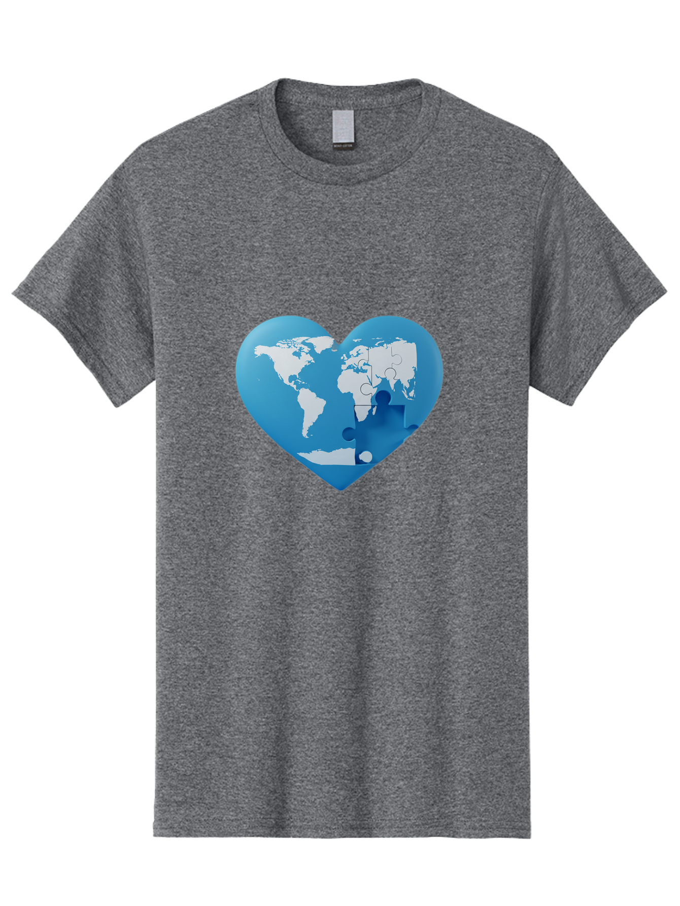 Blue-World-Map-Heart Men'S Graphic Tee, 100% Cotton, Comfortable Casual Summer Wear, Machine Washable, Heart-Shaped World Map, Puzzle Pieces, Global Unity, International Cooperation, Charity Symbol, Love For The World, Interconnectedness, Baa178