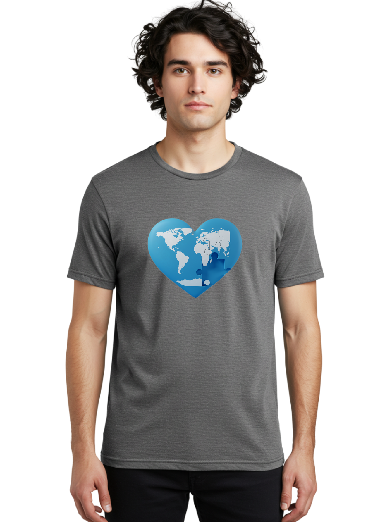 Blue-World-Map-Heart Men'S Graphic Tee, 100% Cotton, Comfortable Casual Summer Wear, Machine Washable, Heart-Shaped World Map, Puzzle Pieces, Global Unity, International Cooperation, Charity Symbol, Love For The World, Interconnectedness, Baa178
