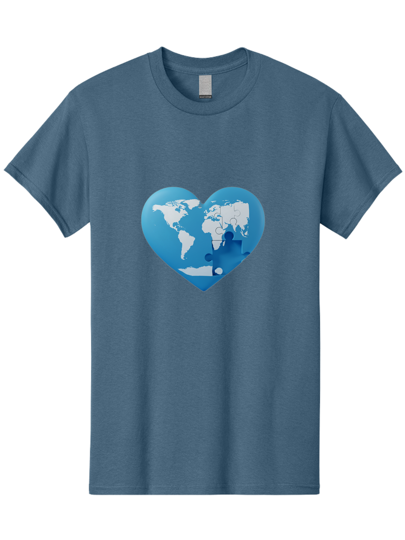Blue-World-Map-Heart Men'S Graphic Tee, 100% Cotton, Comfortable Casual Summer Wear, Machine Washable, Heart-Shaped World Map, Puzzle Pieces, Global Unity, International Cooperation, Charity Symbol, Love For The World, Interconnectedness, Baa178