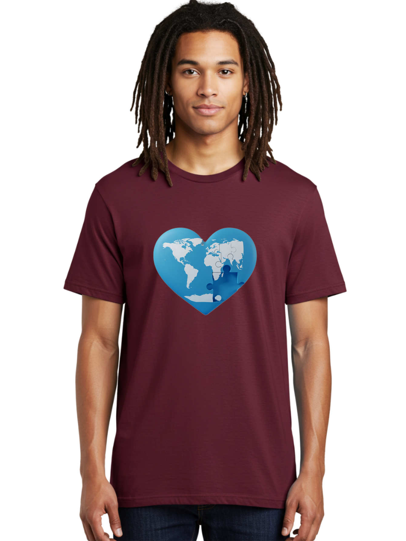 Blue-World-Map-Heart Men'S Graphic Tee, 100% Cotton, Comfortable Casual Summer Wear, Machine Washable, Heart-Shaped World Map, Puzzle Pieces, Global Unity, International Cooperation, Charity Symbol, Love For The World, Interconnectedness, Baa178