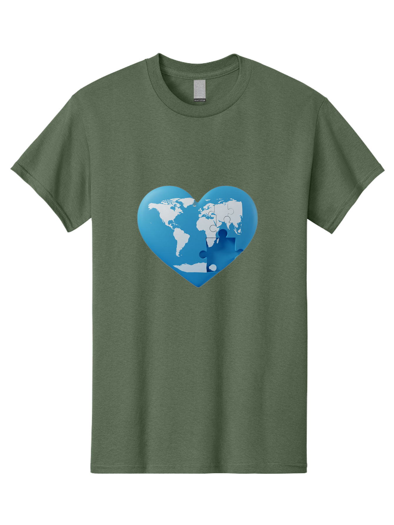 Blue-World-Map-Heart Men'S Graphic Tee, 100% Cotton, Comfortable Casual Summer Wear, Machine Washable, Heart-Shaped World Map, Puzzle Pieces, Global Unity, International Cooperation, Charity Symbol, Love For The World, Interconnectedness, Baa178