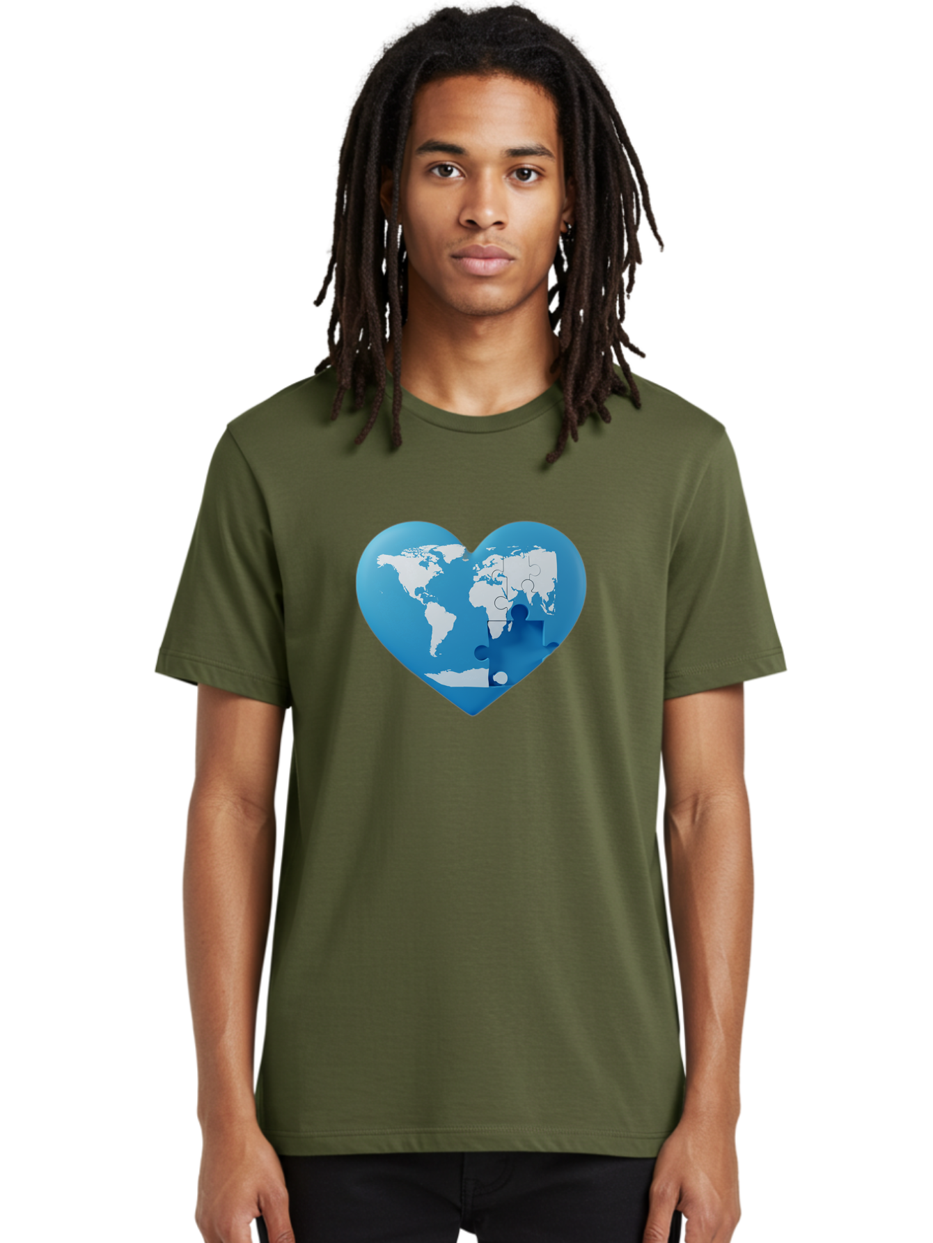 Blue-World-Map-Heart Men'S Graphic Tee, 100% Cotton, Comfortable Casual Summer Wear, Machine Washable, Heart-Shaped World Map, Puzzle Pieces, Global Unity, International Cooperation, Charity Symbol, Love For The World, Interconnectedness, Baa178