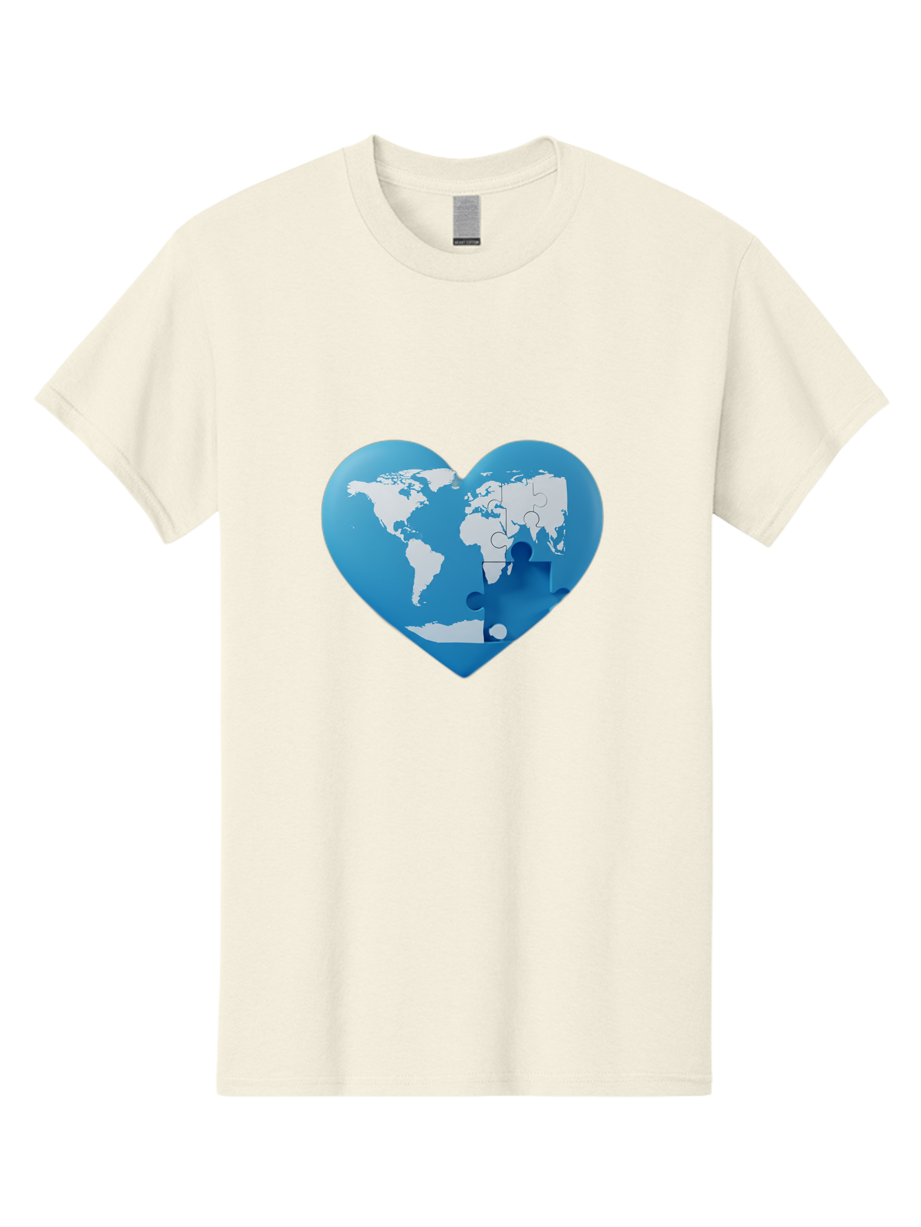 Blue-World-Map-Heart Men'S Graphic Tee, 100% Cotton, Comfortable Casual Summer Wear, Machine Washable, Heart-Shaped World Map, Puzzle Pieces, Global Unity, International Cooperation, Charity Symbol, Love For The World, Interconnectedness, Baa178