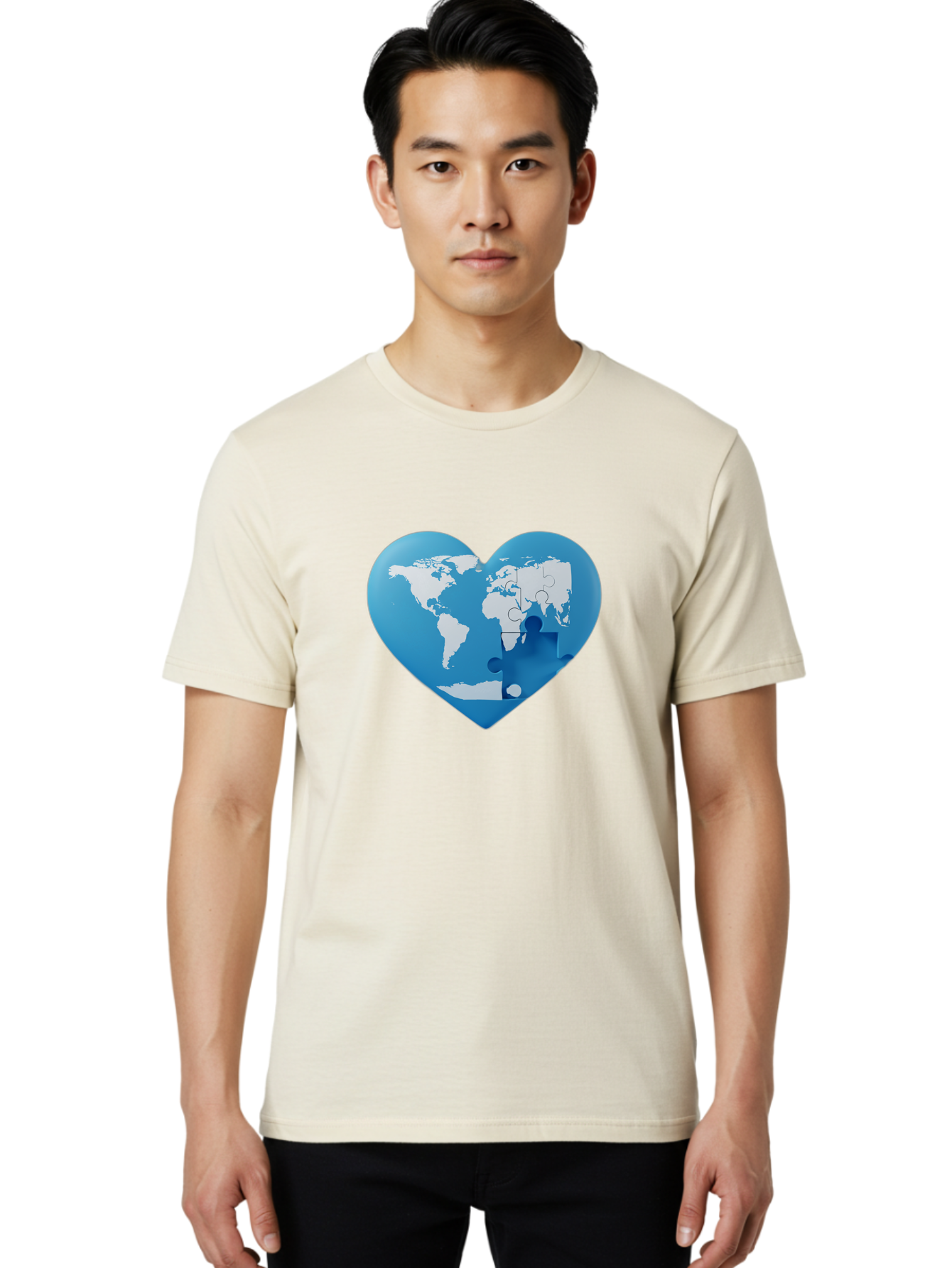 Blue-World-Map-Heart Men'S Graphic Tee, 100% Cotton, Comfortable Casual Summer Wear, Machine Washable, Heart-Shaped World Map, Puzzle Pieces, Global Unity, International Cooperation, Charity Symbol, Love For The World, Interconnectedness, Baa178