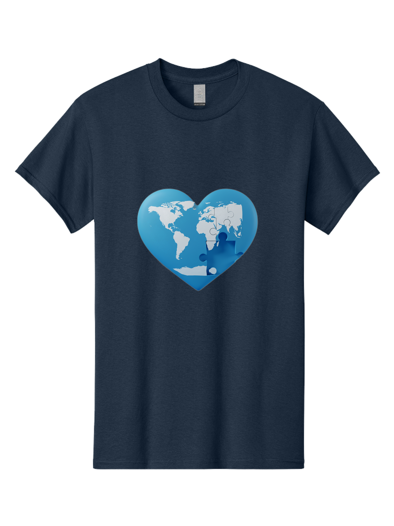 Blue-World-Map-Heart Men'S Graphic Tee, 100% Cotton, Comfortable Casual Summer Wear, Machine Washable, Heart-Shaped World Map, Puzzle Pieces, Global Unity, International Cooperation, Charity Symbol, Love For The World, Interconnectedness, Baa178