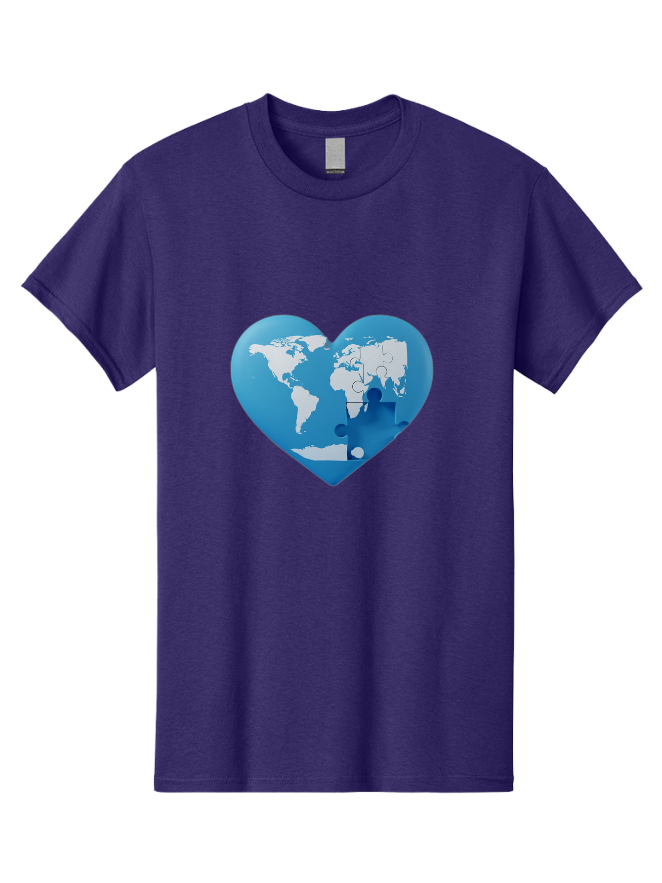 Blue-World-Map-Heart Men'S Graphic Tee, 100% Cotton, Comfortable Casual Summer Wear, Machine Washable, Heart-Shaped World Map, Puzzle Pieces, Global Unity, International Cooperation, Charity Symbol, Love For The World, Interconnectedness, Baa178