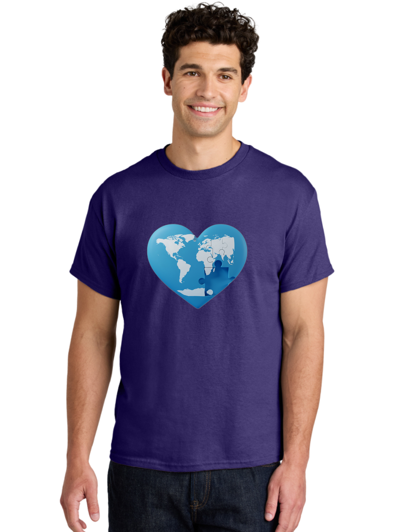 Blue-World-Map-Heart Men'S Graphic Tee, 100% Cotton, Comfortable Casual Summer Wear, Machine Washable, Heart-Shaped World Map, Puzzle Pieces, Global Unity, International Cooperation, Charity Symbol, Love For The World, Interconnectedness, Baa178