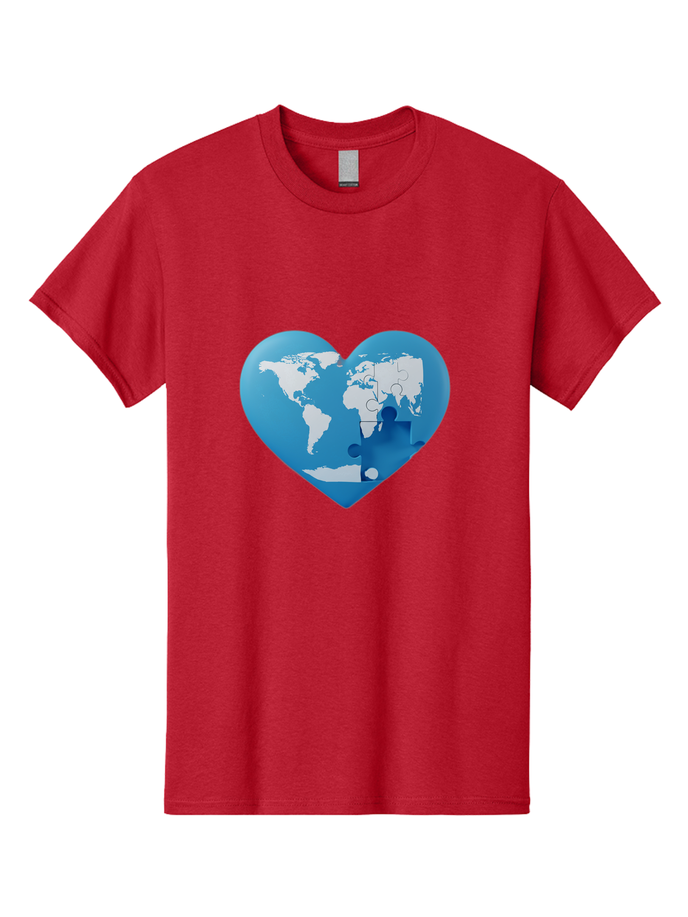 Blue-World-Map-Heart Men'S Graphic Tee, 100% Cotton, Comfortable Casual Summer Wear, Machine Washable, Heart-Shaped World Map, Puzzle Pieces, Global Unity, International Cooperation, Charity Symbol, Love For The World, Interconnectedness, Baa178