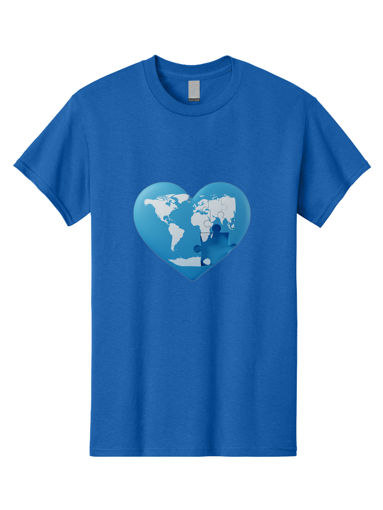 Blue-World-Map-Heart Men'S Graphic Tee, 100% Cotton, Comfortable Casual Summer Wear, Machine Washable, Heart-Shaped World Map, Puzzle Pieces, Global Unity, International Cooperation, Charity Symbol, Love For The World, Interconnectedness, Baa178