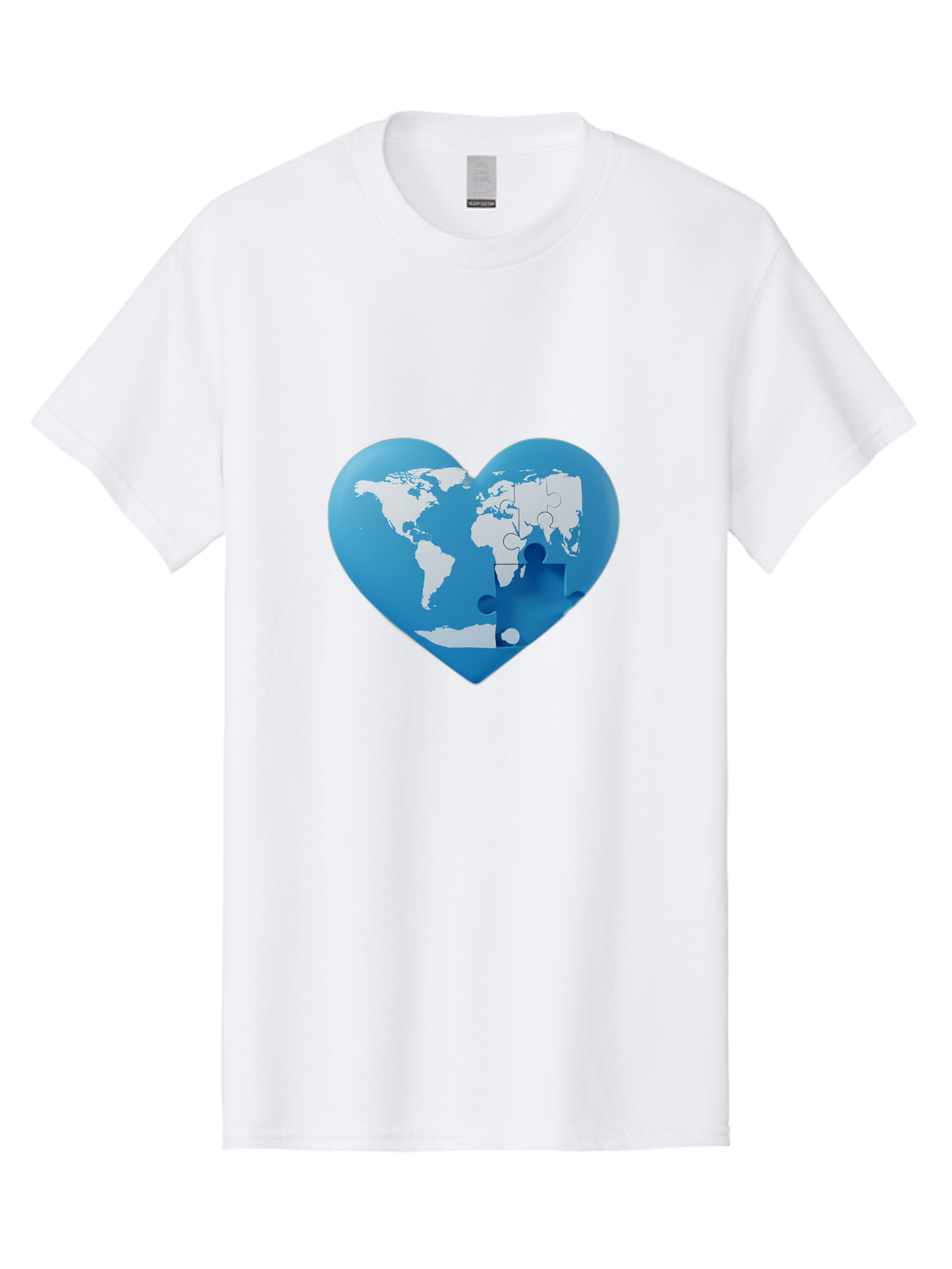 Blue-World-Map-Heart Men'S Graphic Tee, 100% Cotton, Comfortable Casual Summer Wear, Machine Washable, Heart-Shaped World Map, Puzzle Pieces, Global Unity, International Cooperation, Charity Symbol, Love For The World, Interconnectedness, Baa178