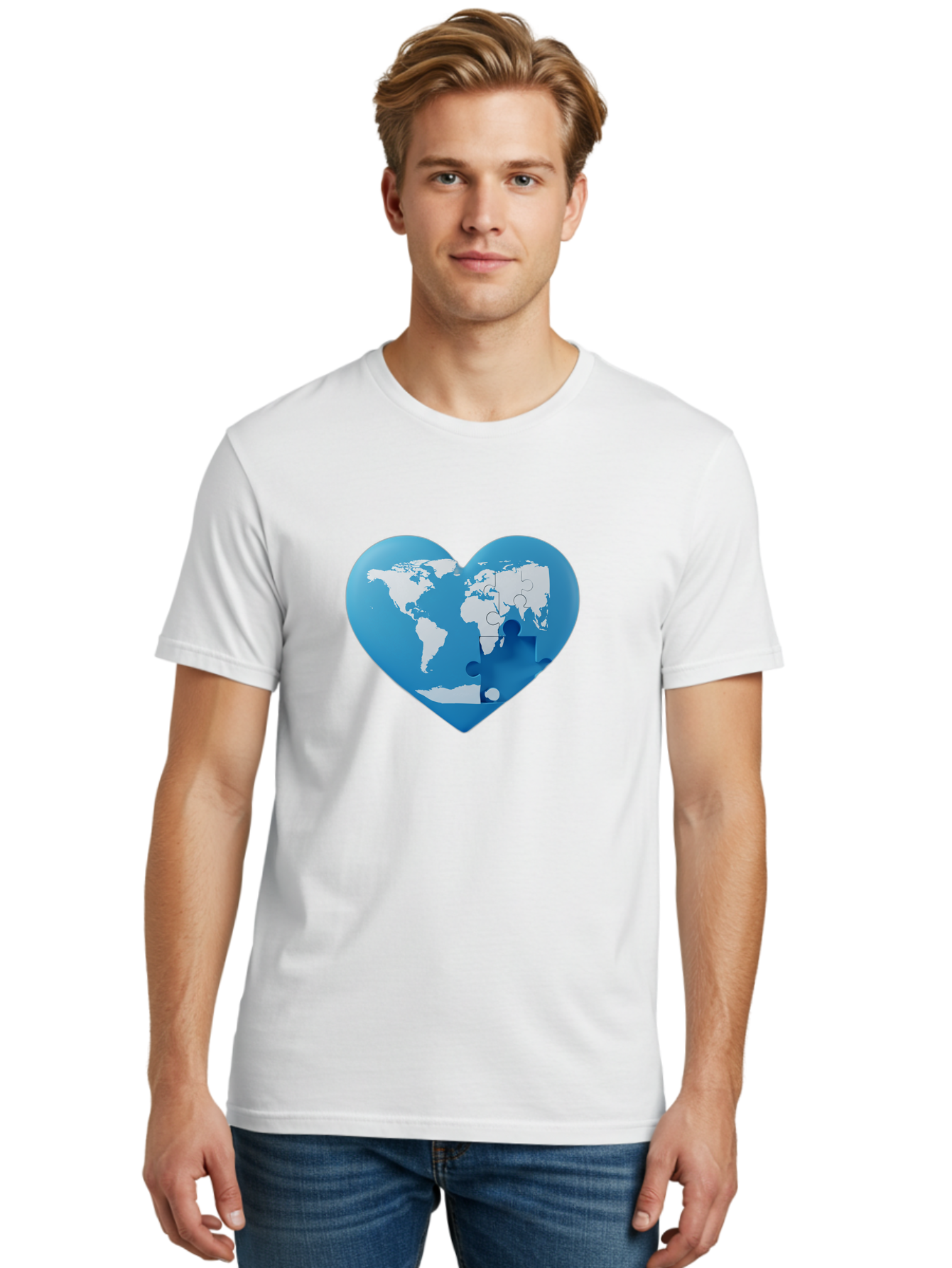 Blue-World-Map-Heart Men'S Graphic Tee, 100% Cotton, Comfortable Casual Summer Wear, Machine Washable, Heart-Shaped World Map, Puzzle Pieces, Global Unity, International Cooperation, Charity Symbol, Love For The World, Interconnectedness, Baa178